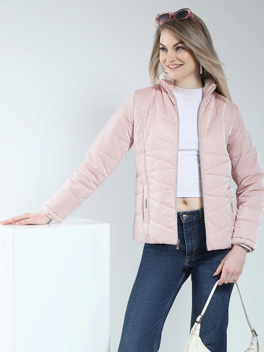 Women Pink Solid Mock Neck Full Sleeve Jacket - Image 6