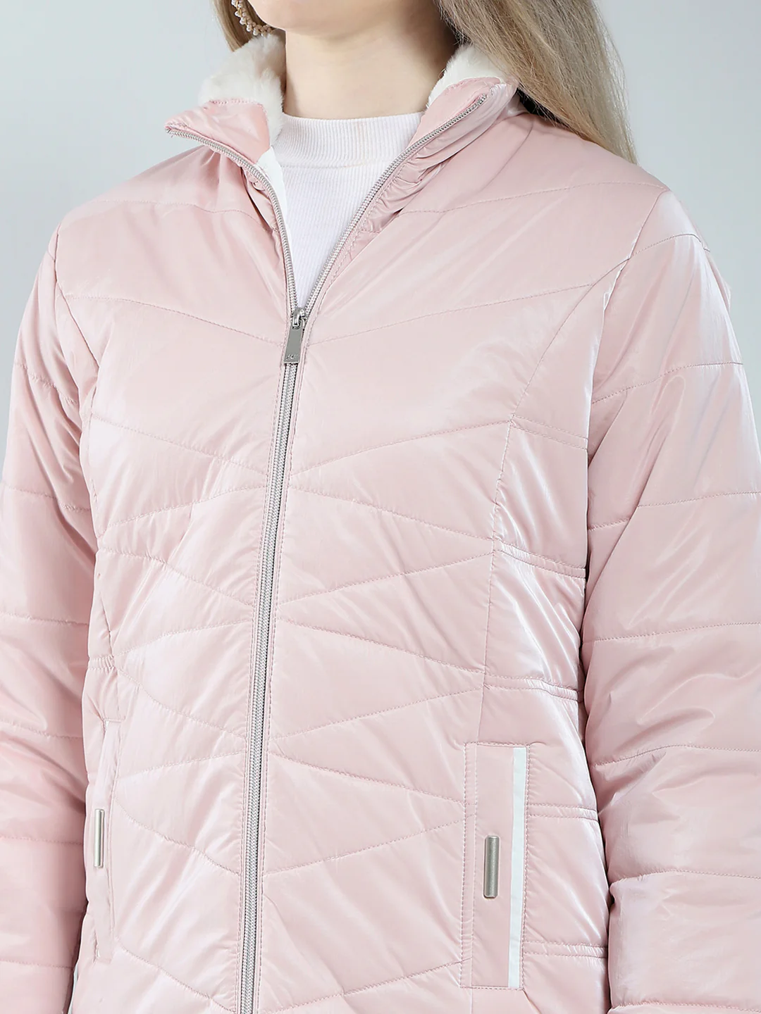 Women Pink Solid Mock Neck Full Sleeve Jacket - Image 7