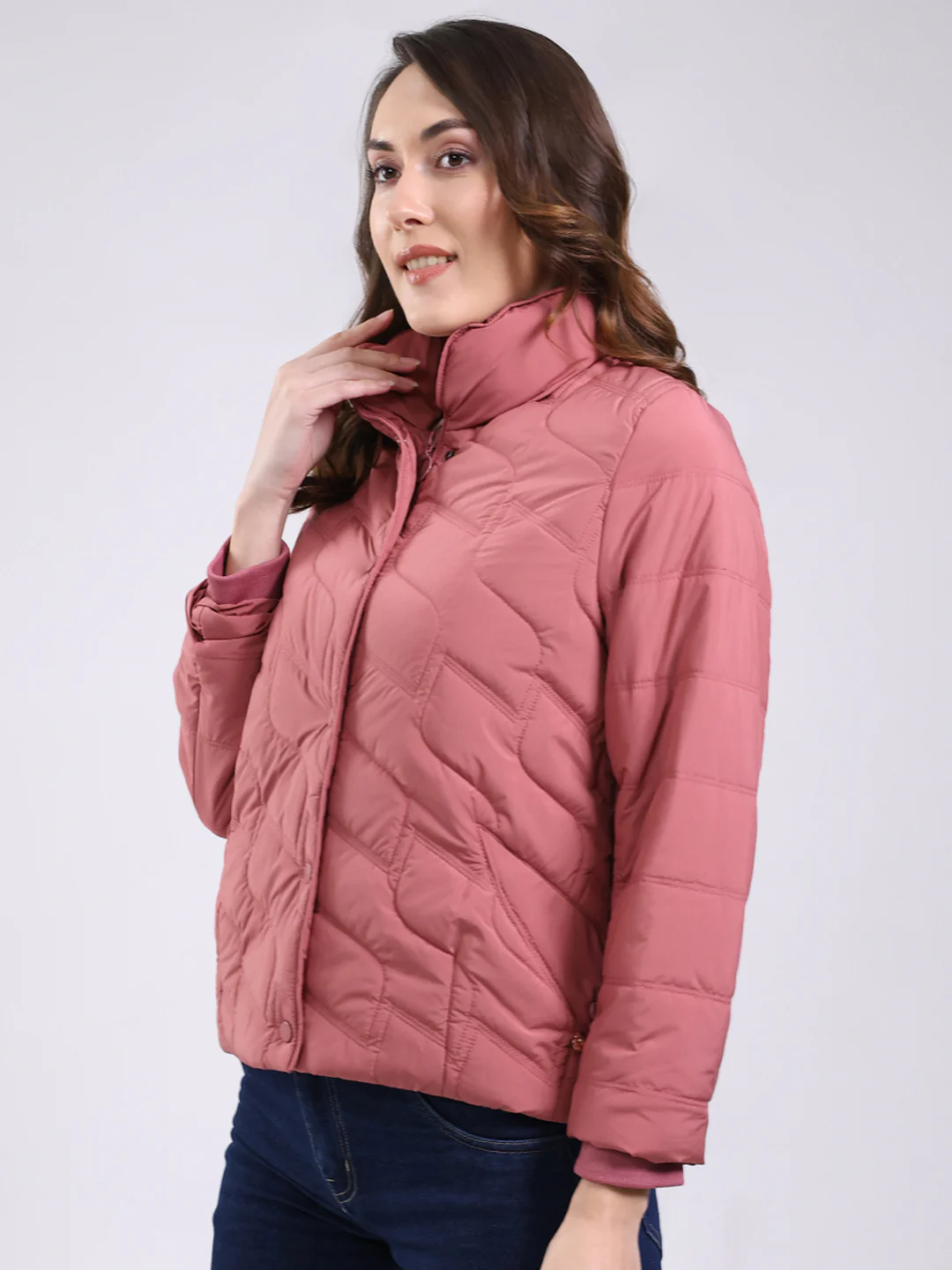 Women Pink Solid Mock Neck Full Sleeve Jacket - Image 3