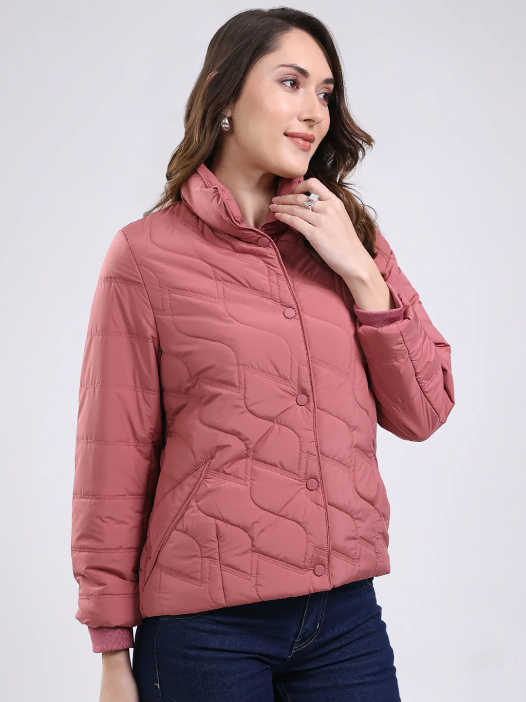 Women Pink Solid Mock Neck Full Sleeve Jacket - Image 4