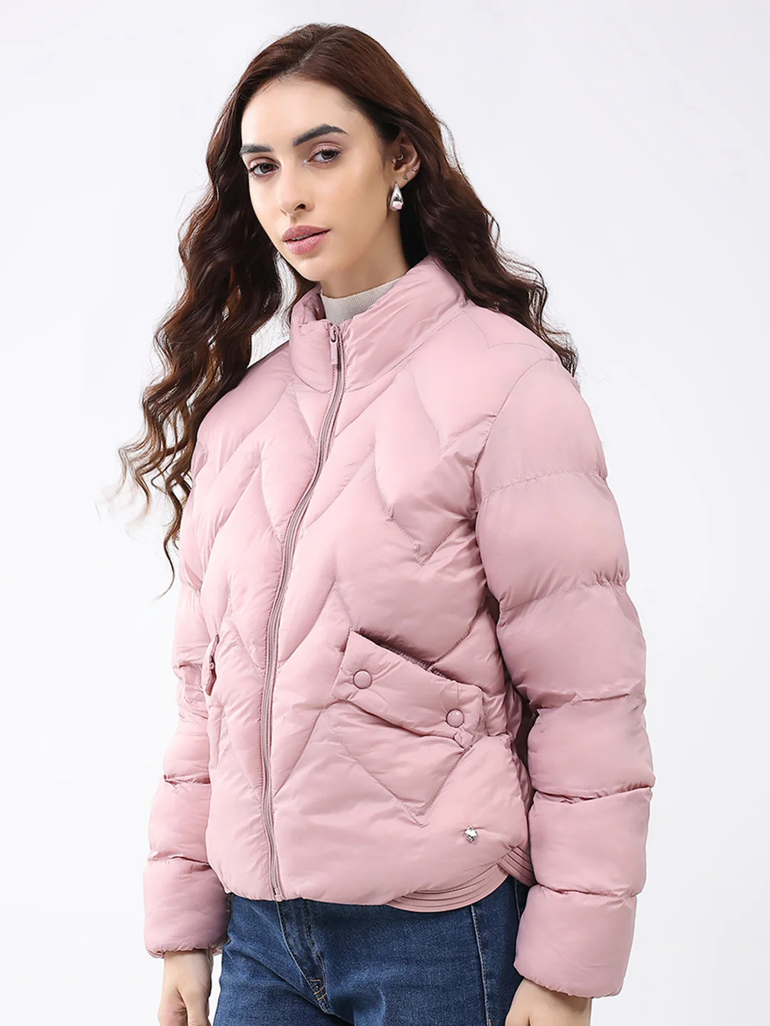 Women Pink Solid Mock Neck Full Sleeve Jacket - Image 3