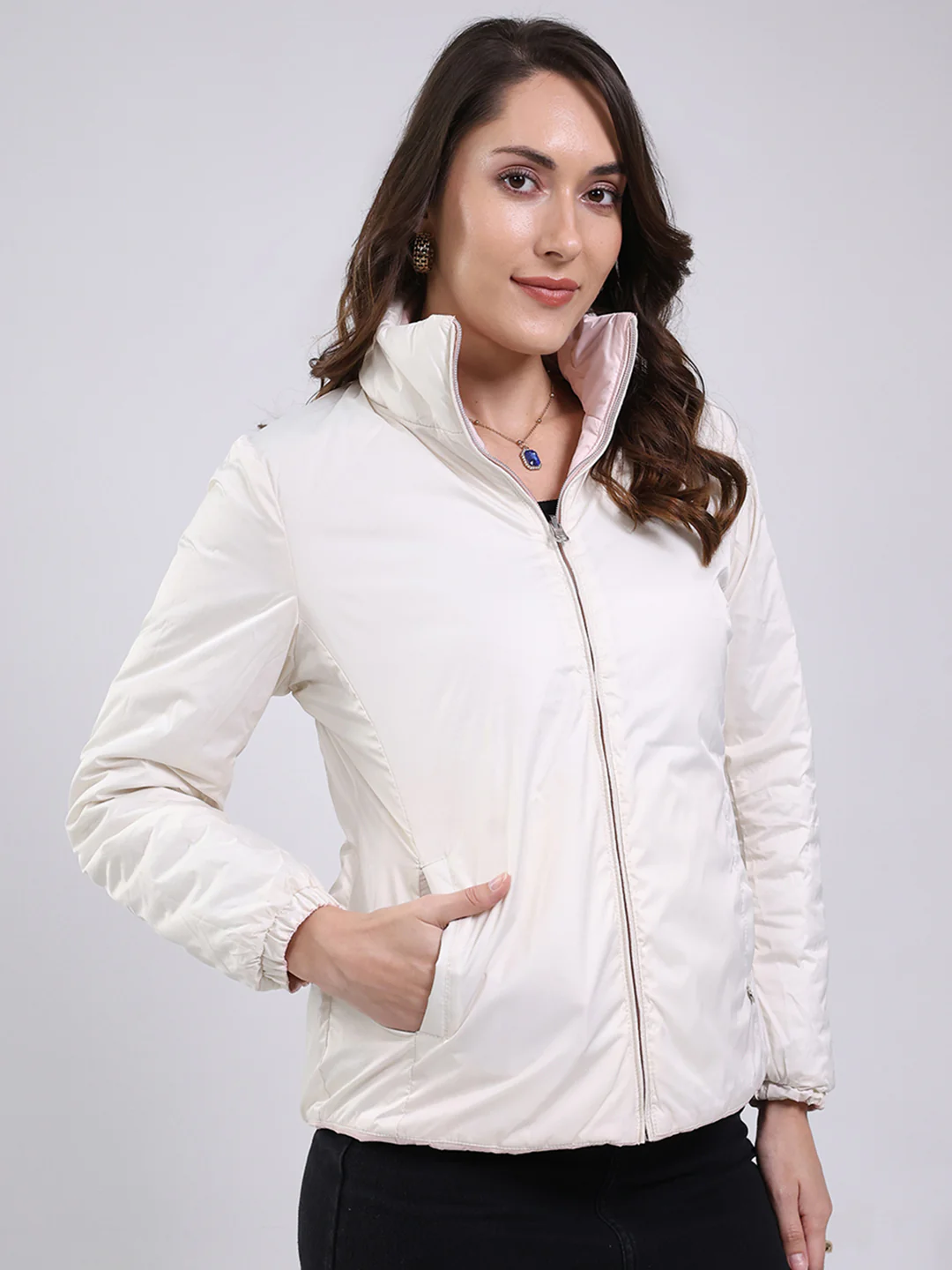 Women Pink Solid Mock Neck Full Sleeve Jacket - Image 7