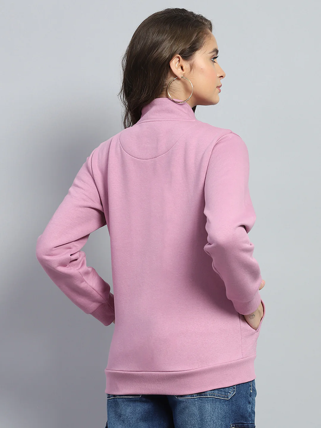 Women Pink Solid Mock Neck Full Sleeve Sweatshirt - Image 4