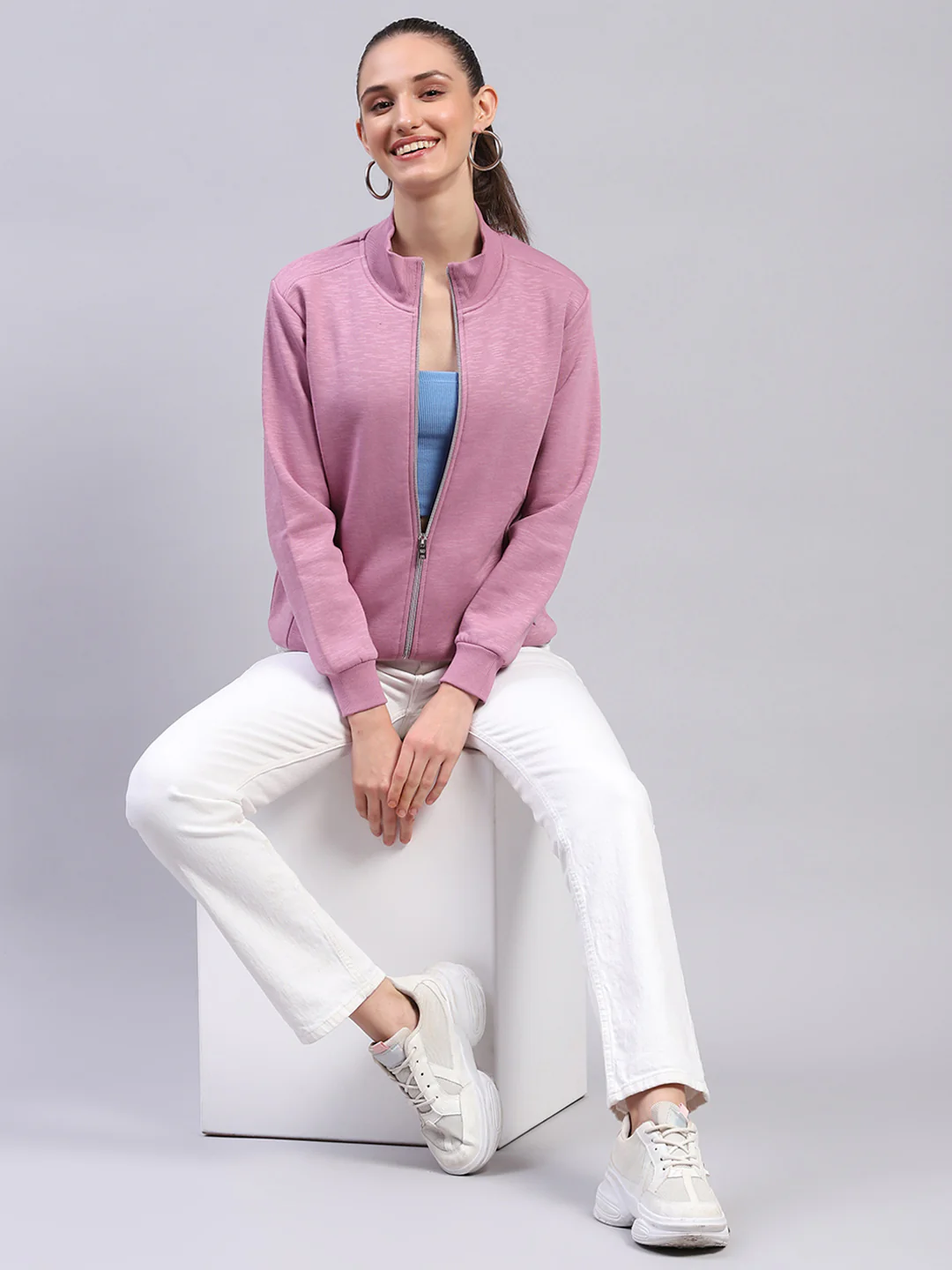Women Pink Solid Mock Neck Full Sleeve Sweatshirt - Image 2