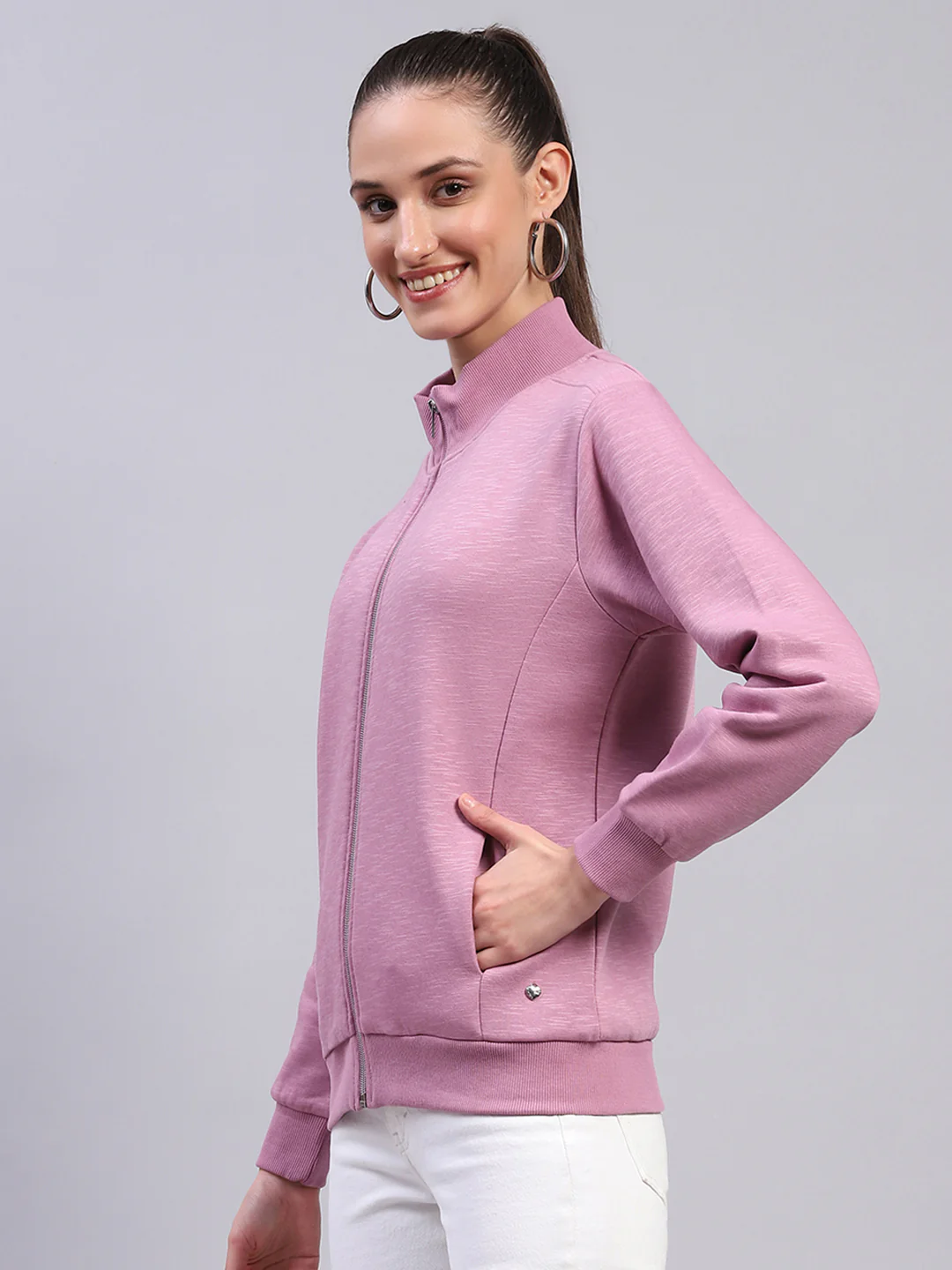 Women Pink Solid Mock Neck Full Sleeve Sweatshirt - Image 3