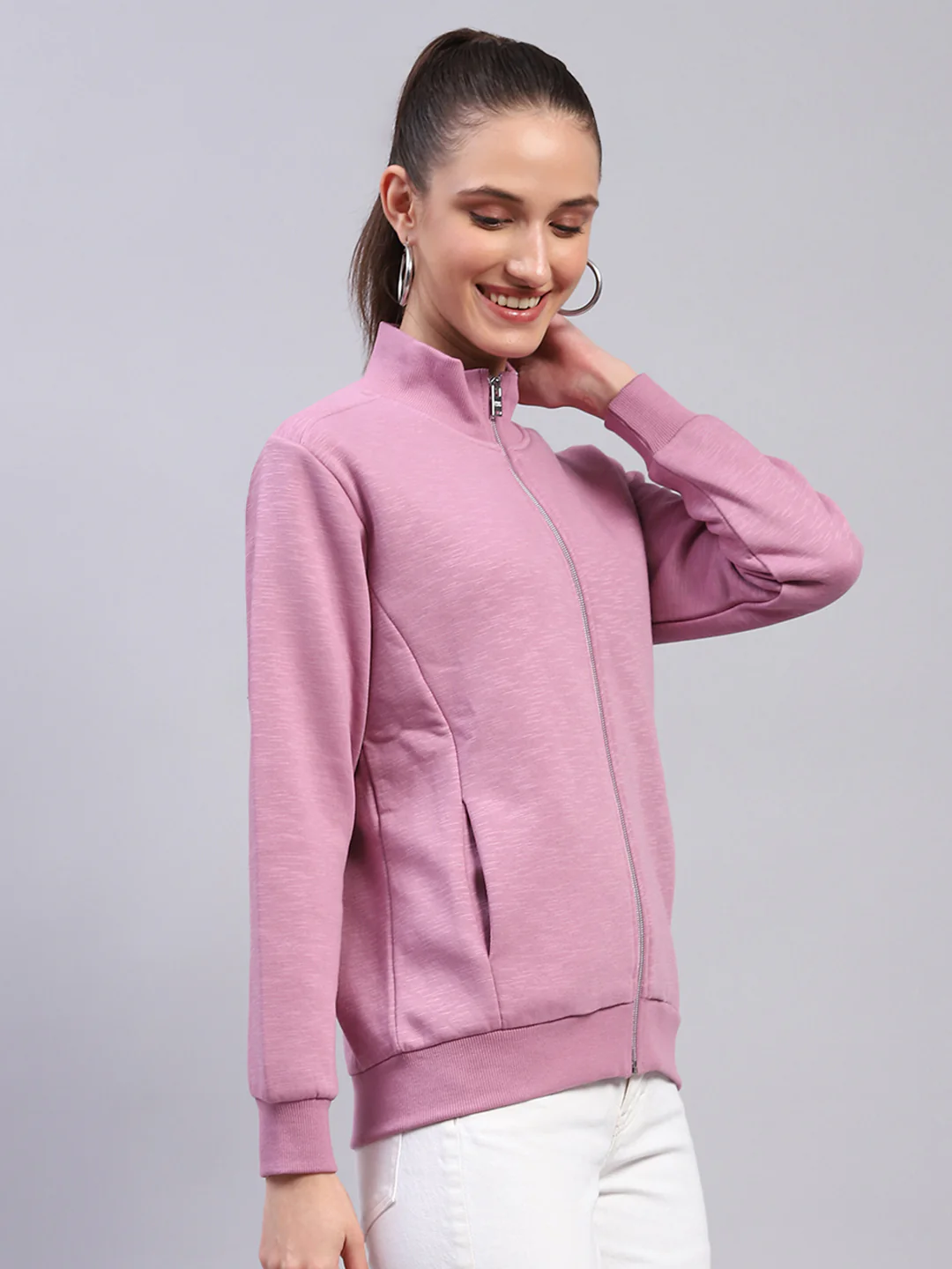 Women Pink Solid Mock Neck Full Sleeve Sweatshirt - Image 4
