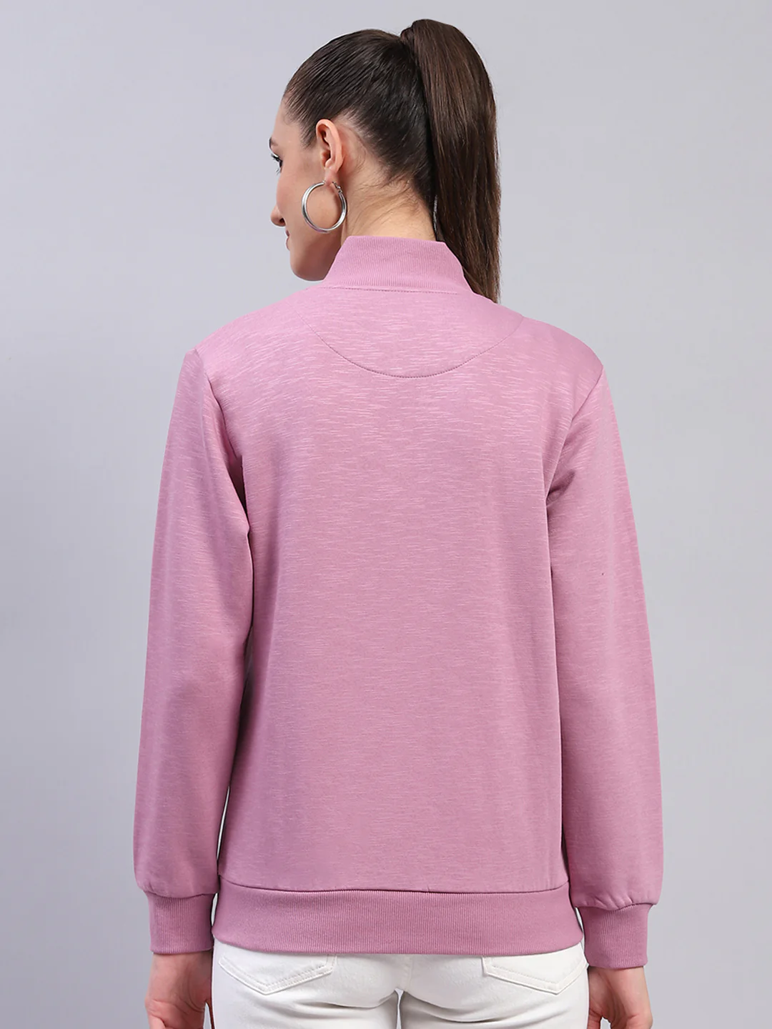 Women Pink Solid Mock Neck Full Sleeve Sweatshirt - Image 5