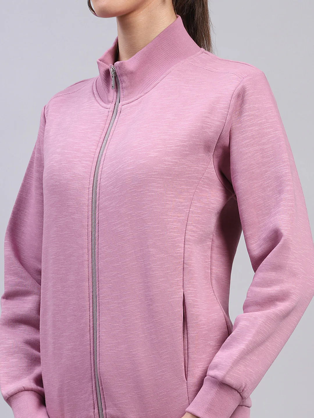 Women Pink Solid Mock Neck Full Sleeve Sweatshirt - Image 6