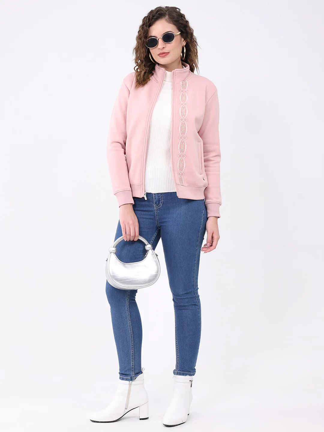 Women Pink Solid Mock Neck Full Sleeve Sweatshirt - Image 2