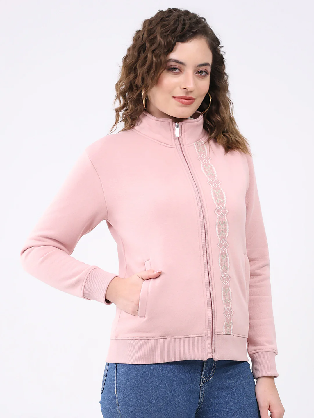 Women Pink Solid Mock Neck Full Sleeve Sweatshirt - Image 4