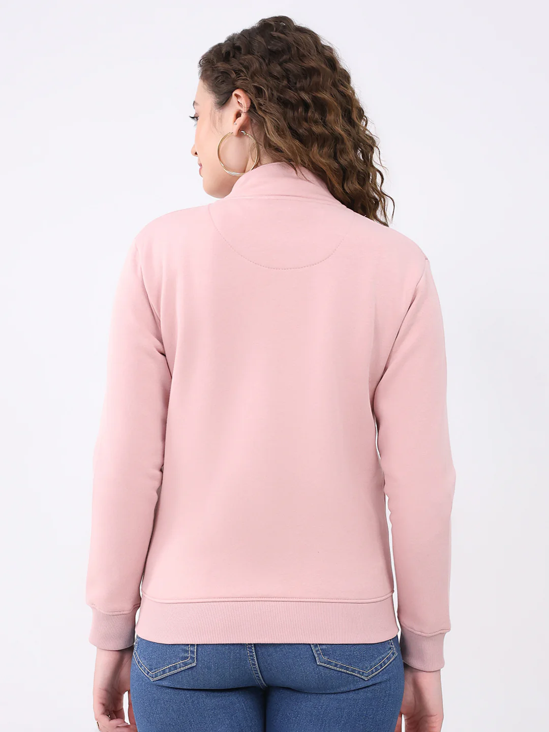 Women Pink Solid Mock Neck Full Sleeve Sweatshirt - Image 5