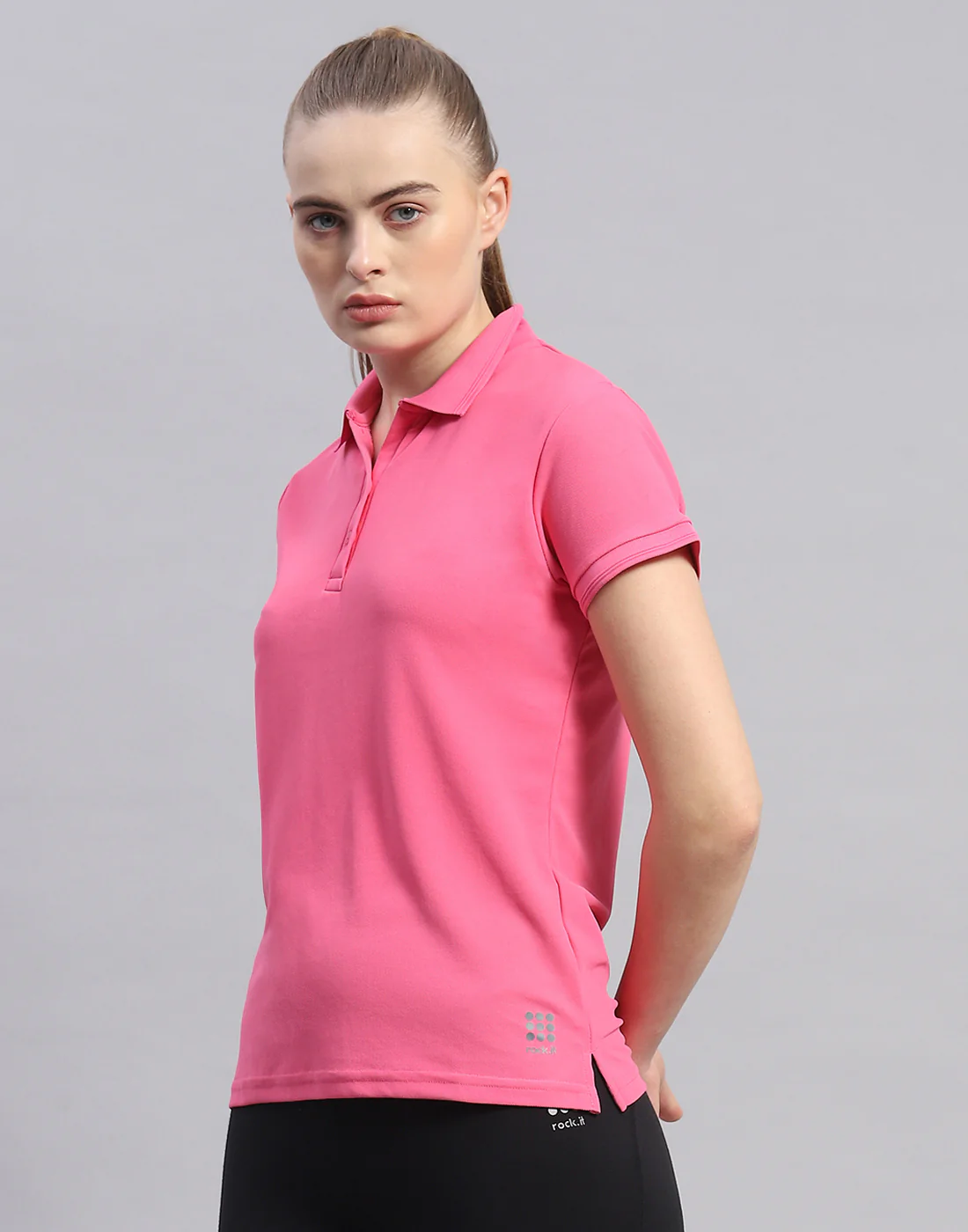 Rock.it Women Pink Solid Polo Collar Half Sleeve T-Shirt - Image 3