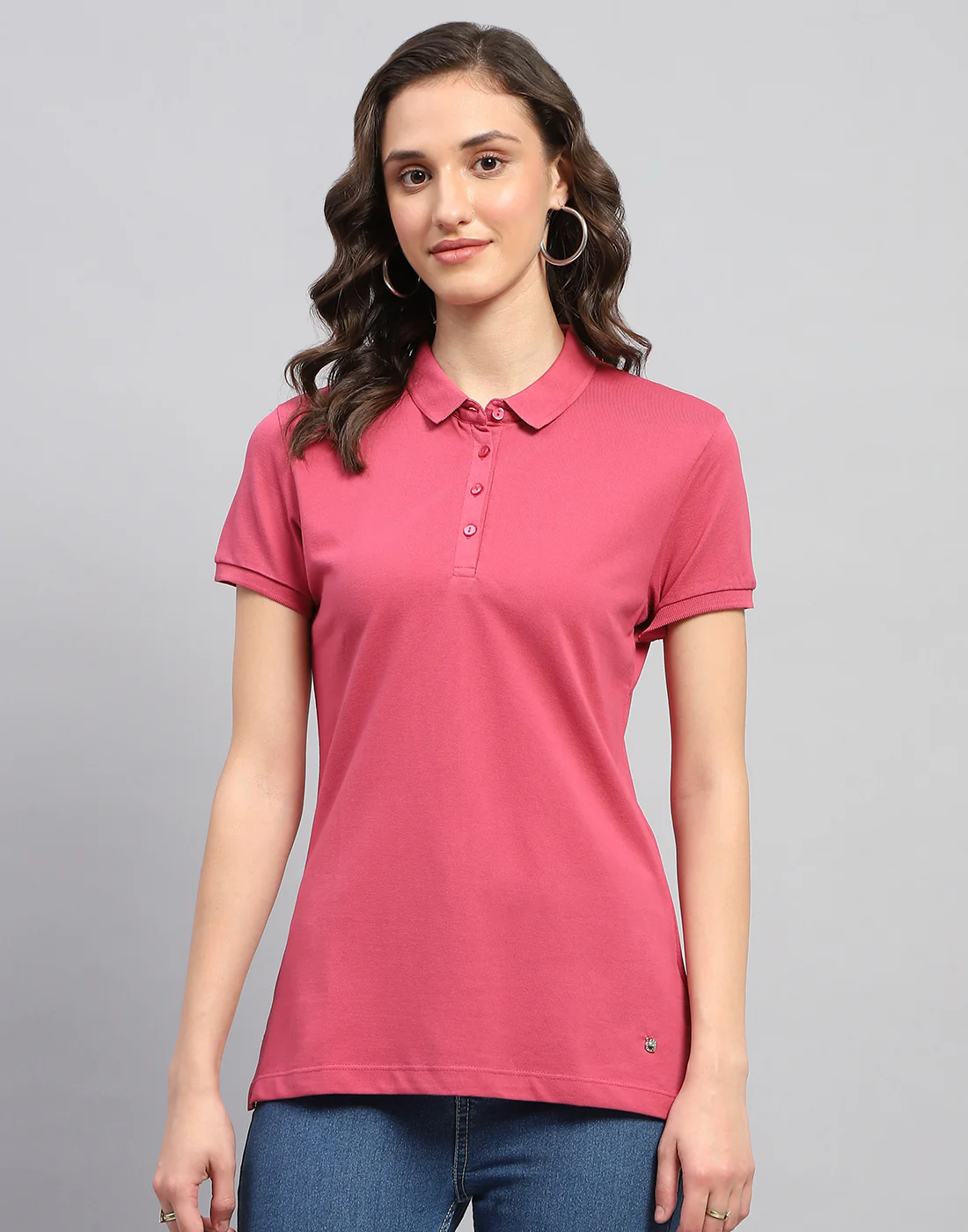 Women Pink Solid Polo Collar Half Sleeve T Shirt - Image 2