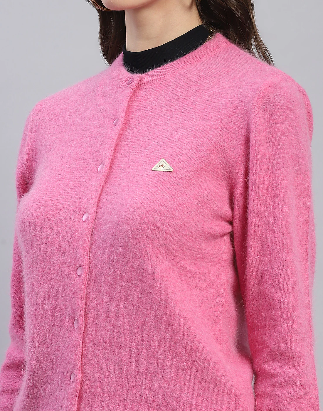 Women Pink Solid Round Neck Full Sleeve Cardigan - Image 7