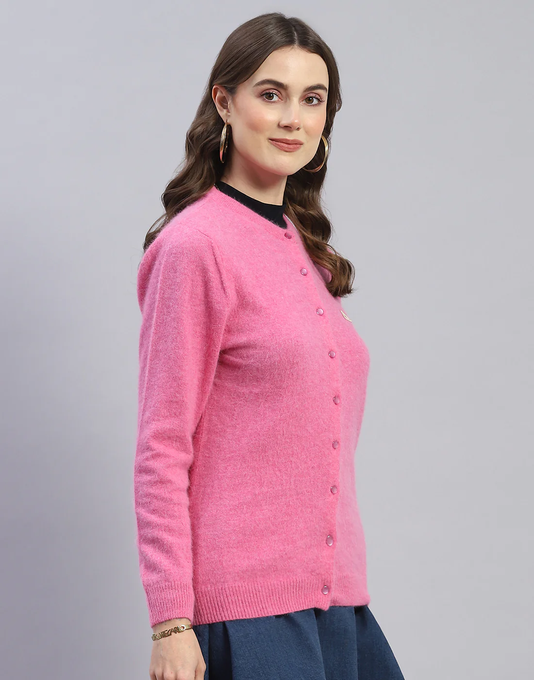 Women Pink Solid Round Neck Full Sleeve Cardigan - Image 5