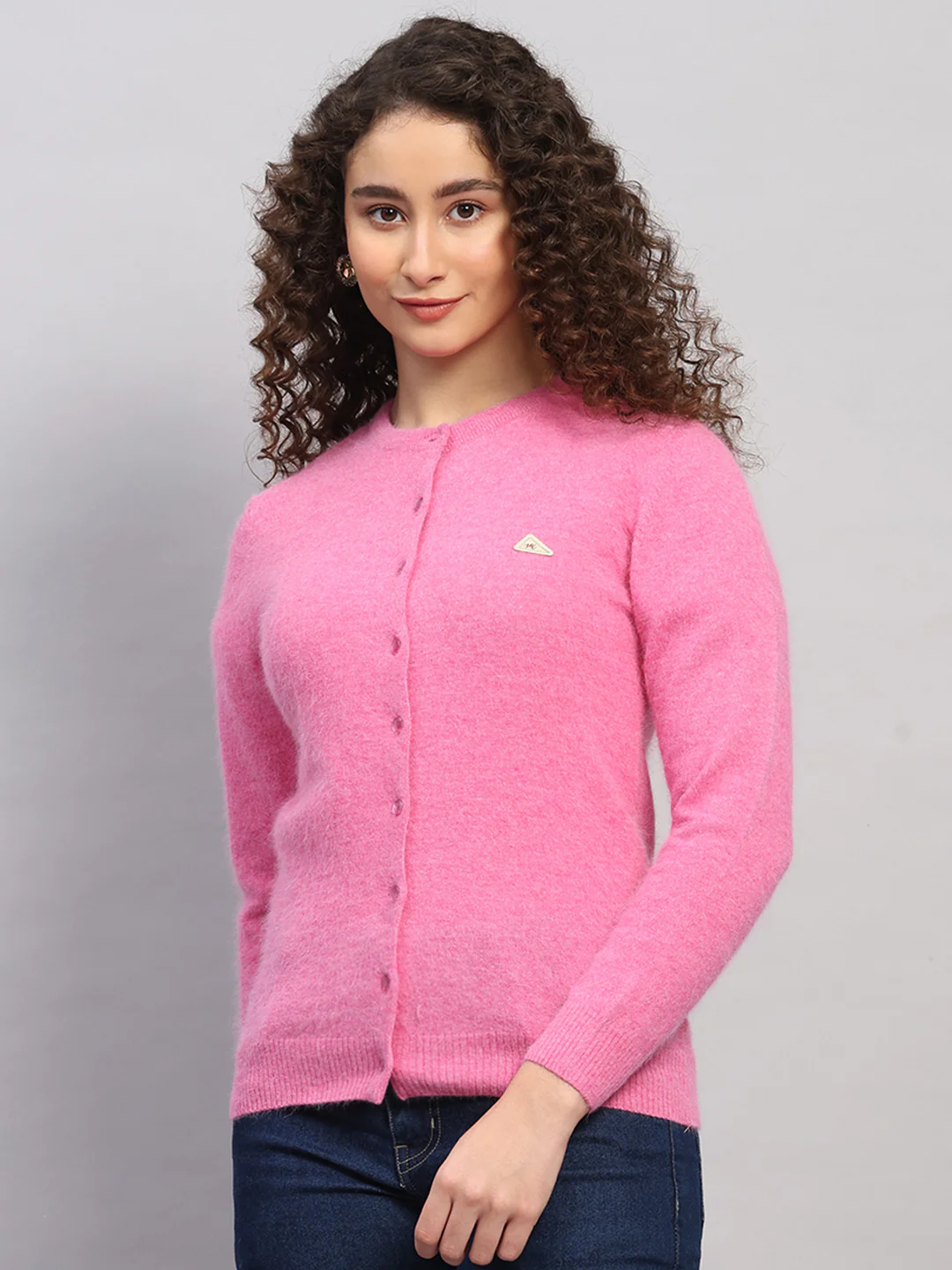Women Pink Solid Round Neck Full Sleeve Cardigan - Image 3