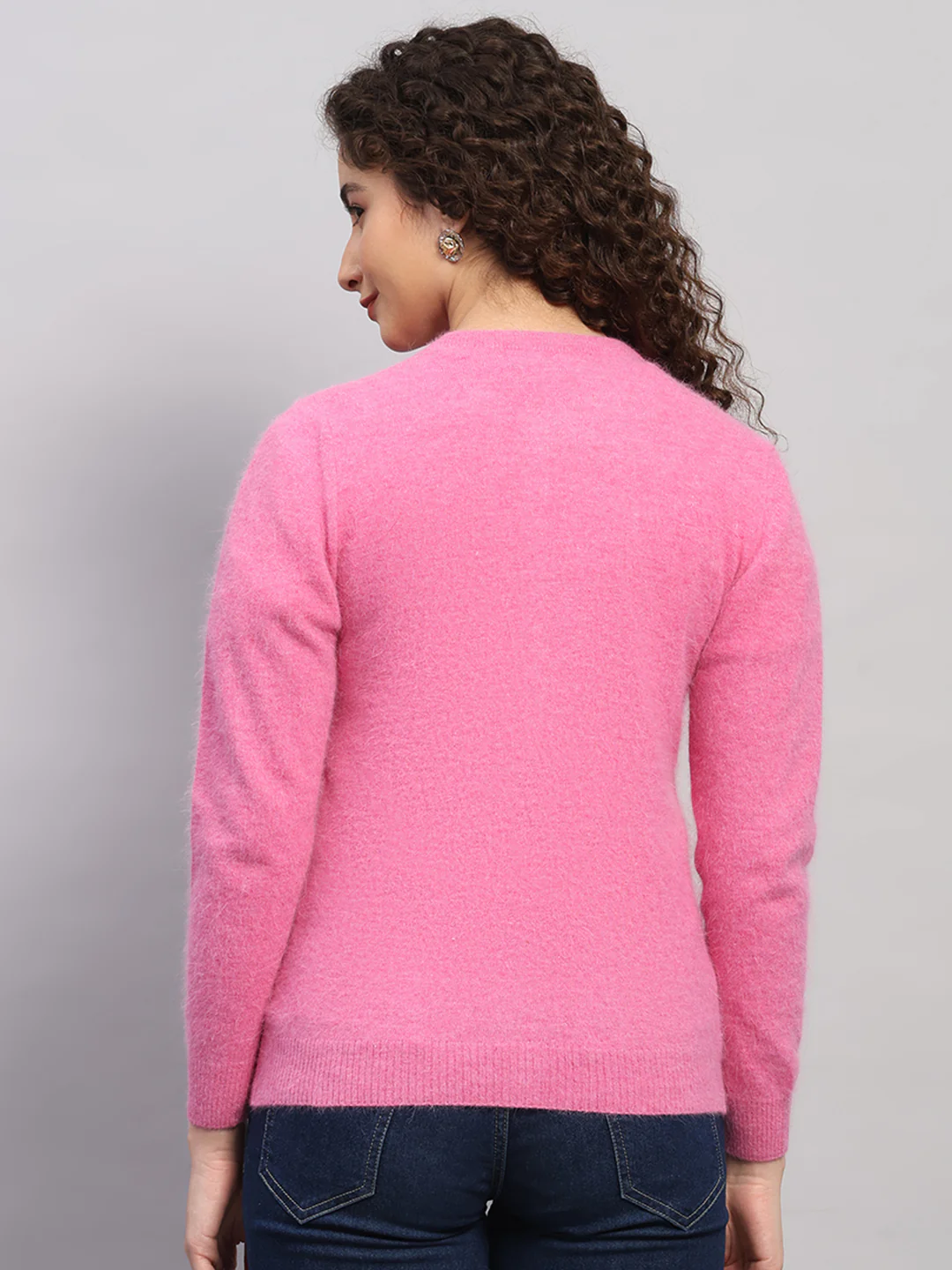 Women Pink Solid Round Neck Full Sleeve Cardigan - Image 5