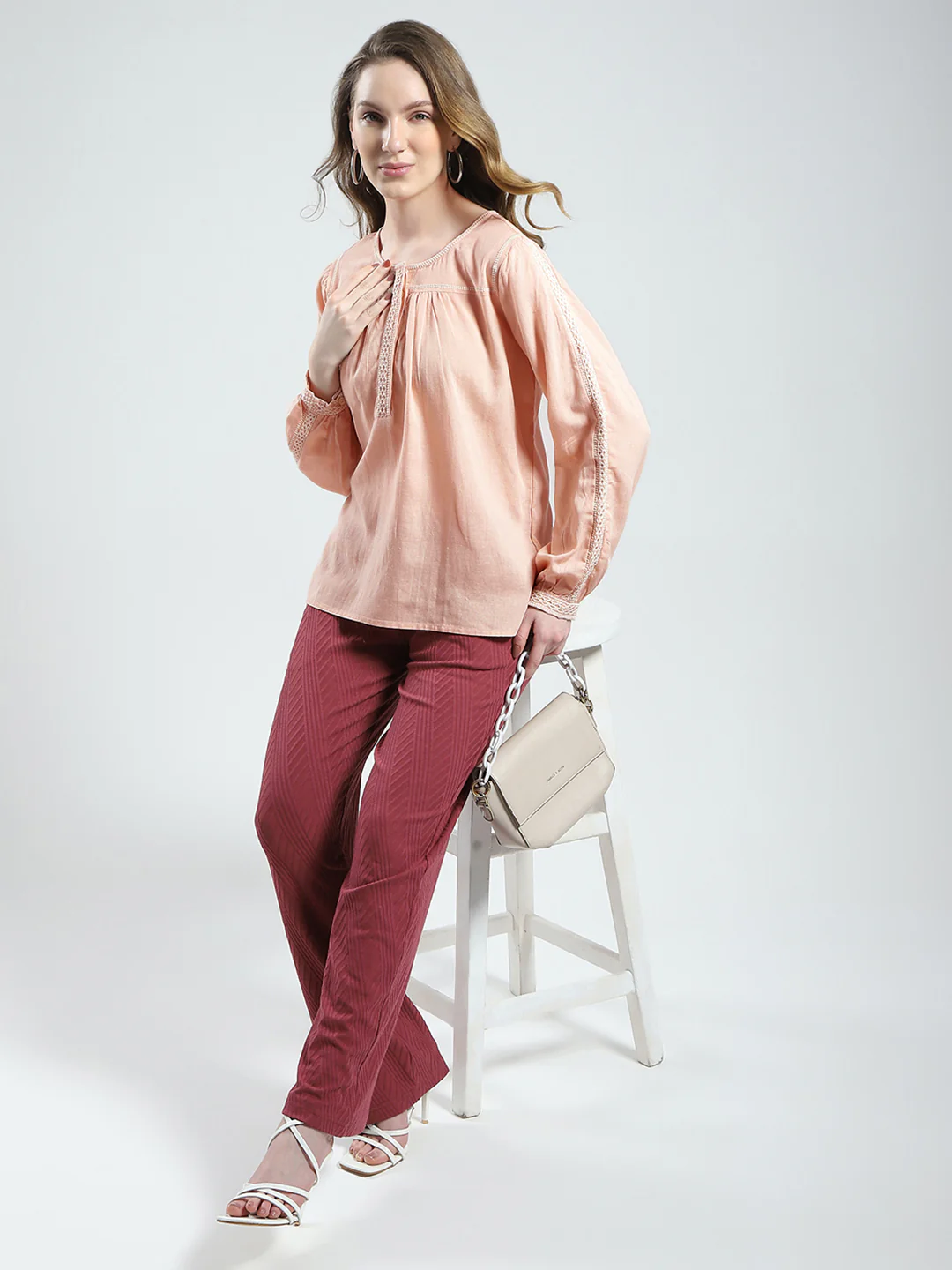 Women Pink Solid Round Neck Full Sleeve Top - Image 2