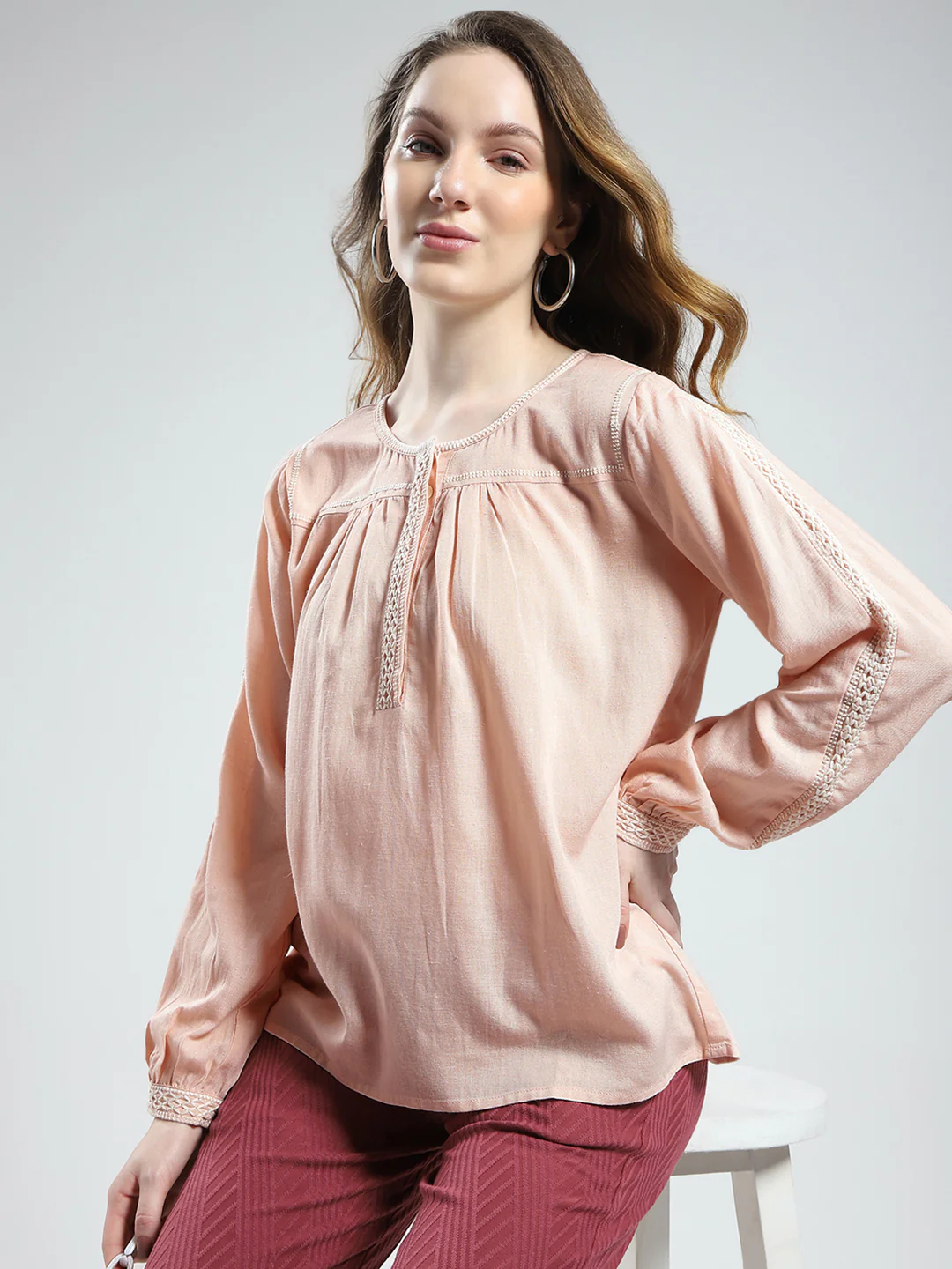Women Pink Solid Round Neck Full Sleeve Top - Image 6
