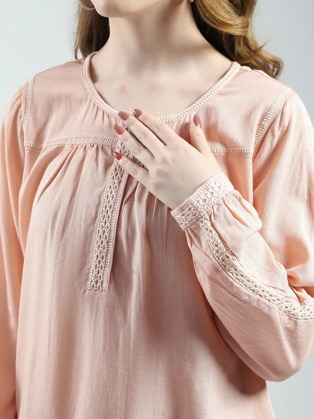 Women Pink Solid Round Neck Full Sleeve Top - Image 7