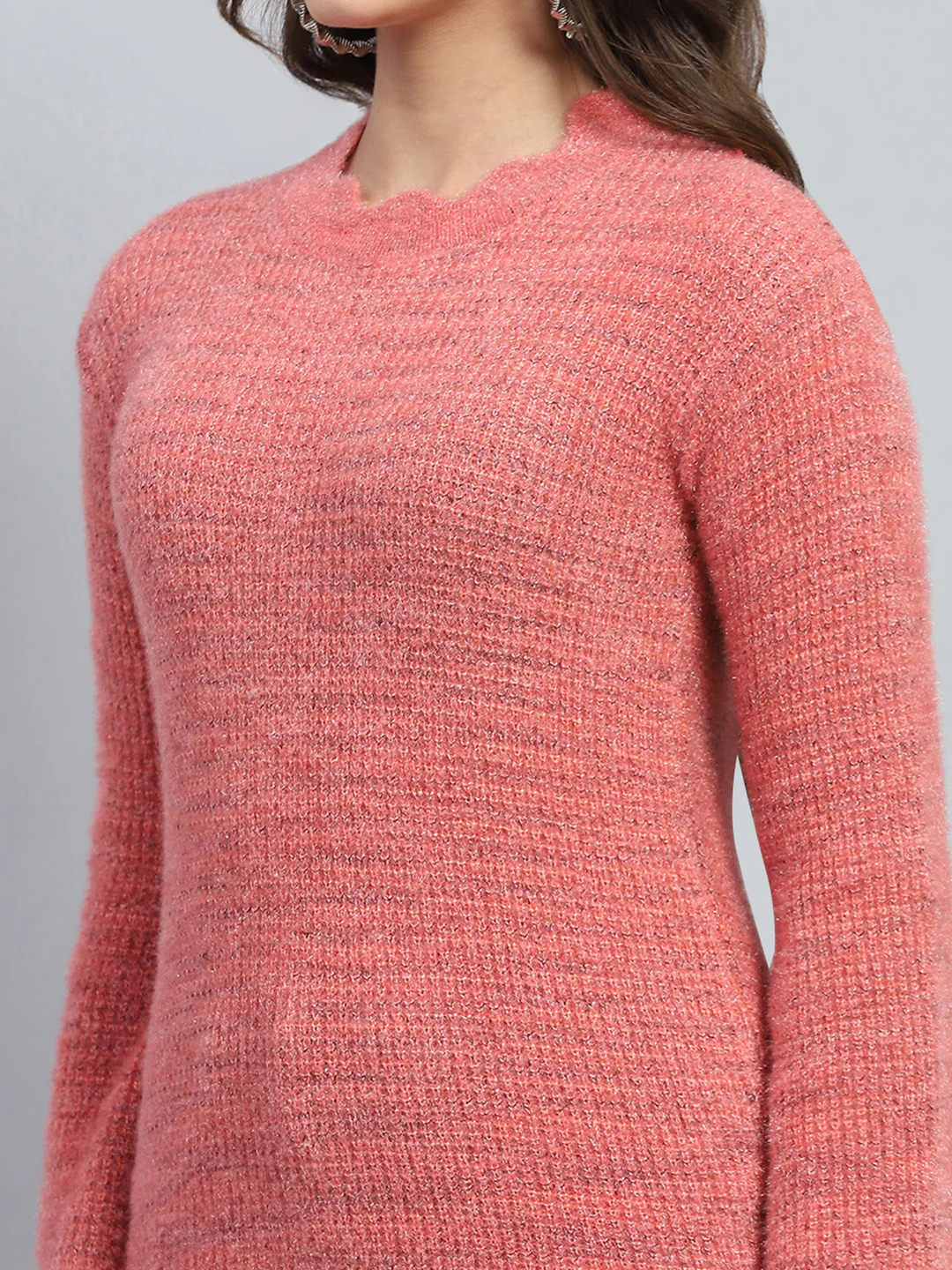 Women Pink Solid Round Neck Full Sleeve Winter Top - Image 6