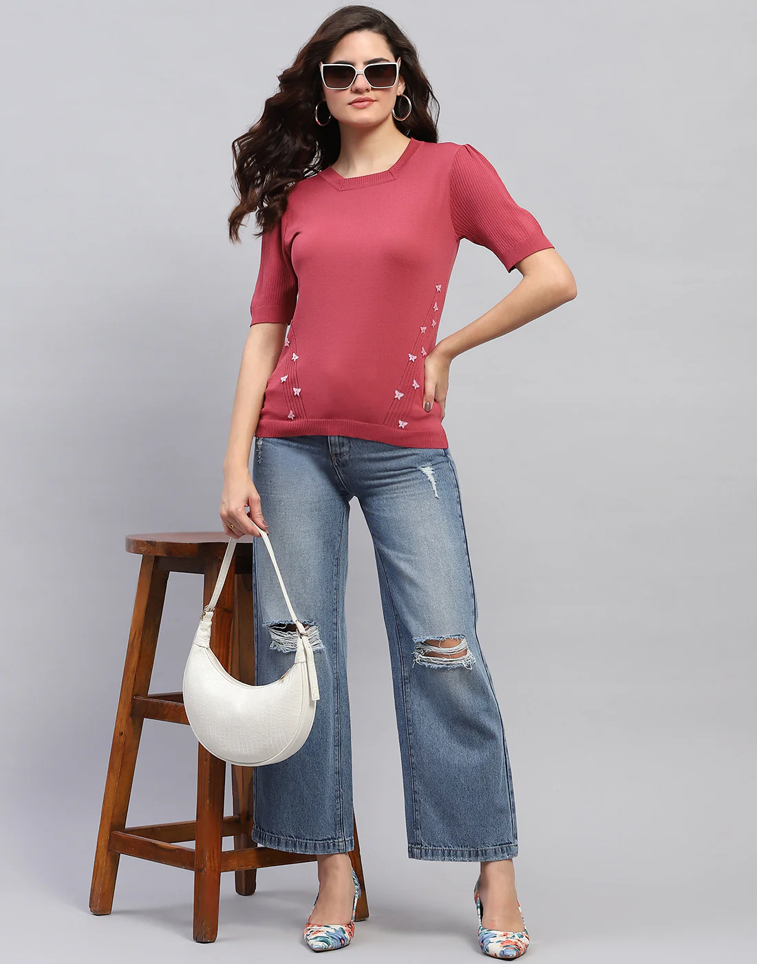 Women Pink Solid Round Neck Half Sleeve Top - Image 2