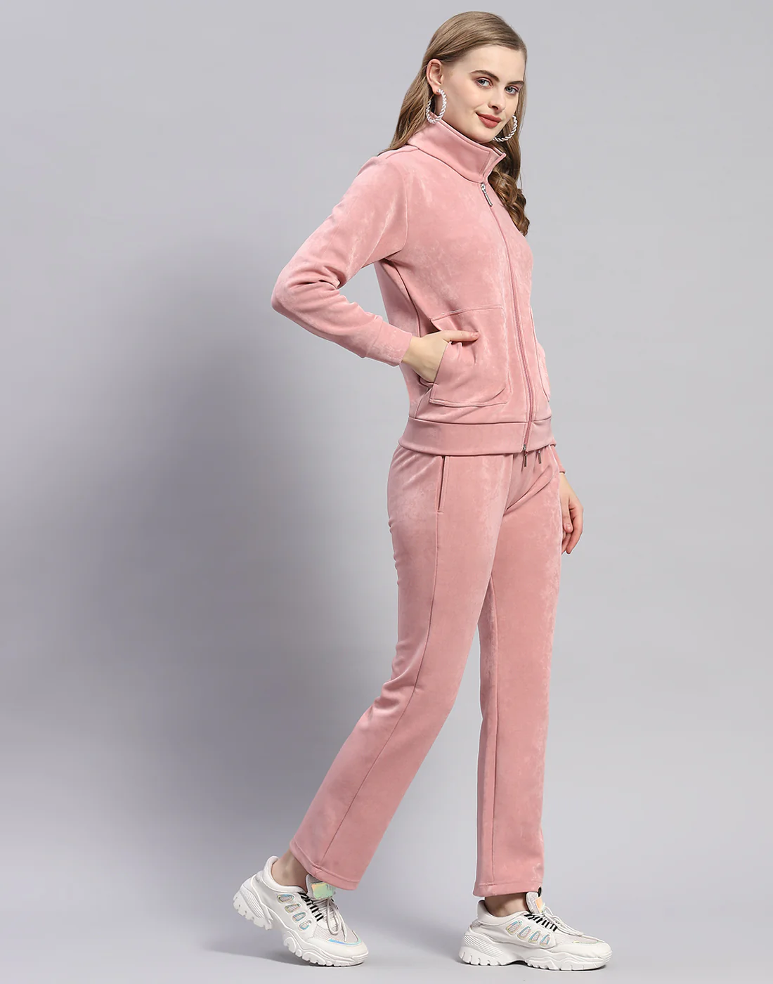 Women Pink Solid Stand Collar Full Sleeve Cords Set - Image 4