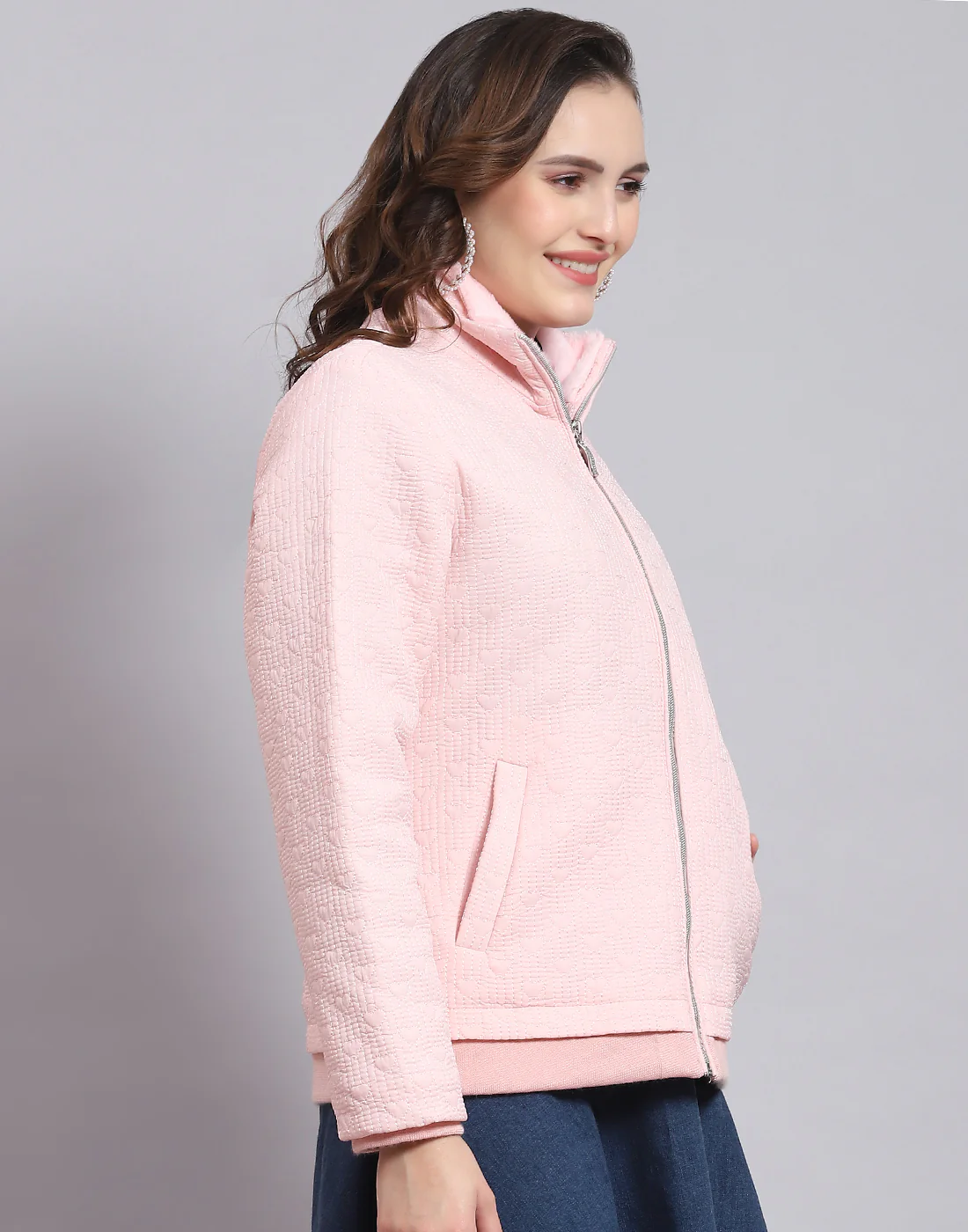 Women Pink Solid Stand Collar Full Sleeve Jacket - Image 5