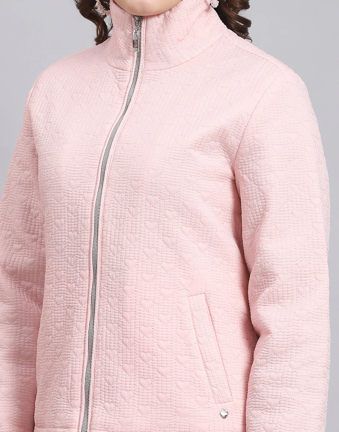 Women Pink Solid Stand Collar Full Sleeve Jacket - Image 7