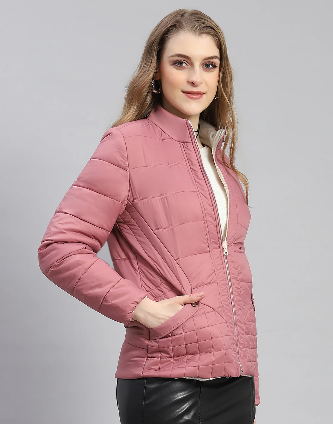 Women Pink Solid Stand Collar Full Sleeve Jacket - Image 4