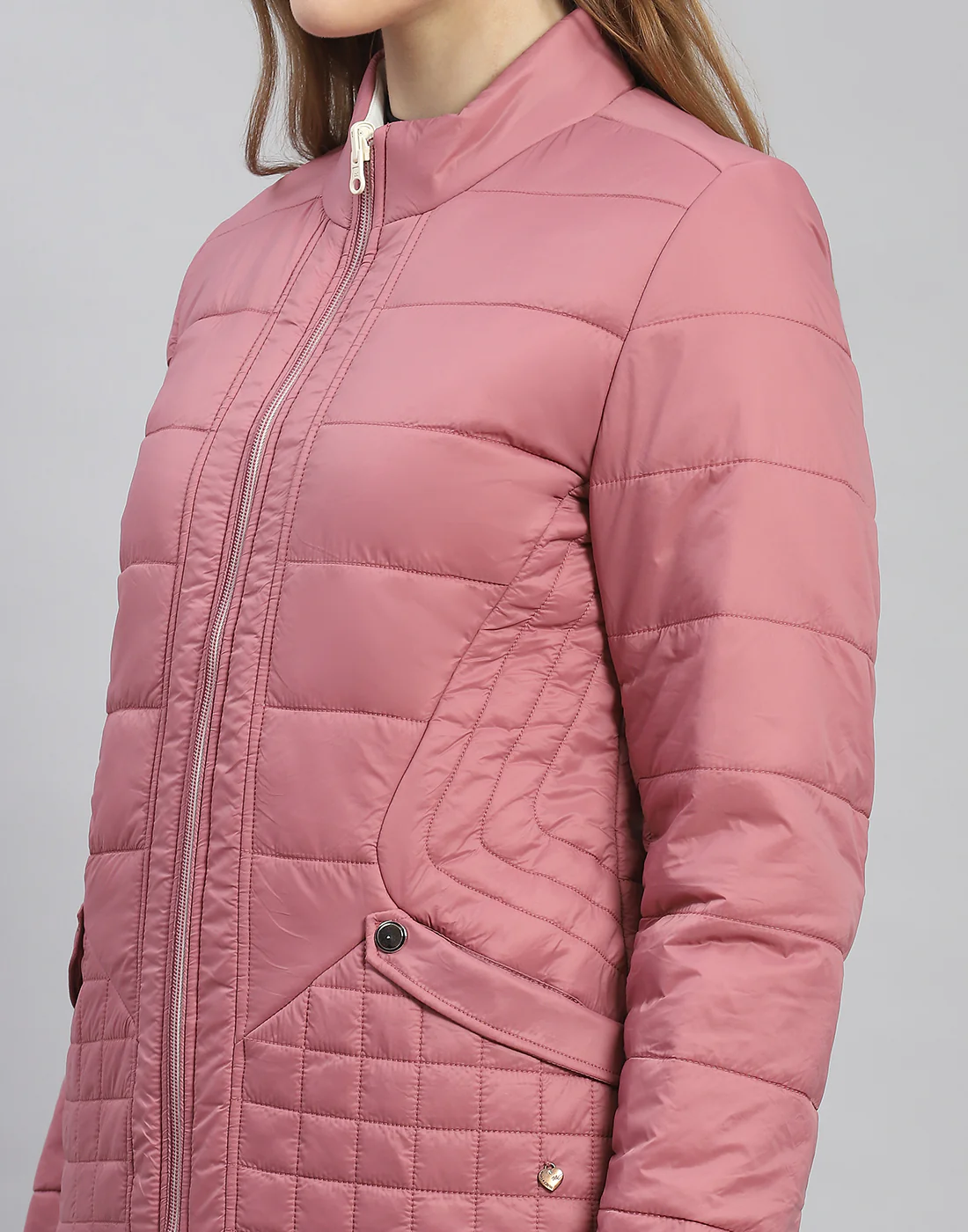 Women Pink Solid Stand Collar Full Sleeve Jacket - Image 9