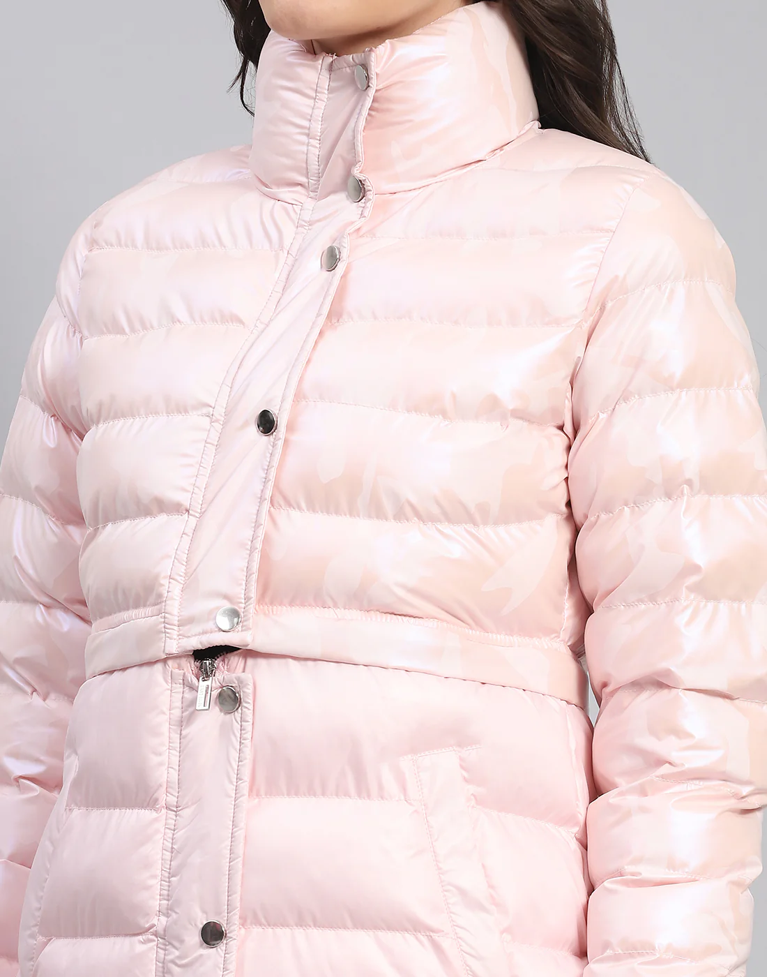 Women Pink Solid Stand Collar Full Sleeve Jacket - Image 10