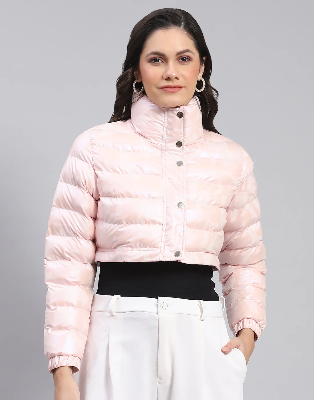 Women Pink Solid Stand Collar Full Sleeve Jacket - Image 2