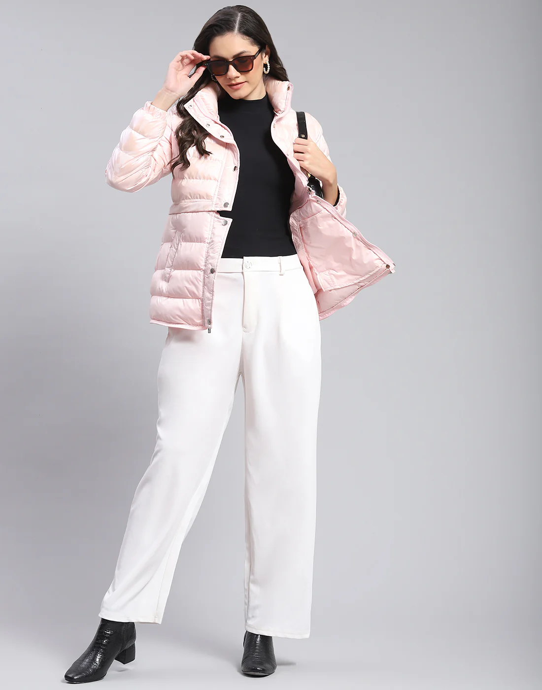 Women Pink Solid Stand Collar Full Sleeve Jacket - Image 4