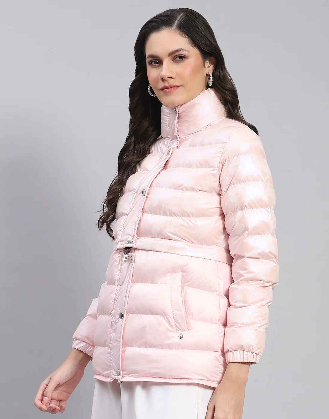 Women Pink Solid Stand Collar Full Sleeve Jacket - Image 6