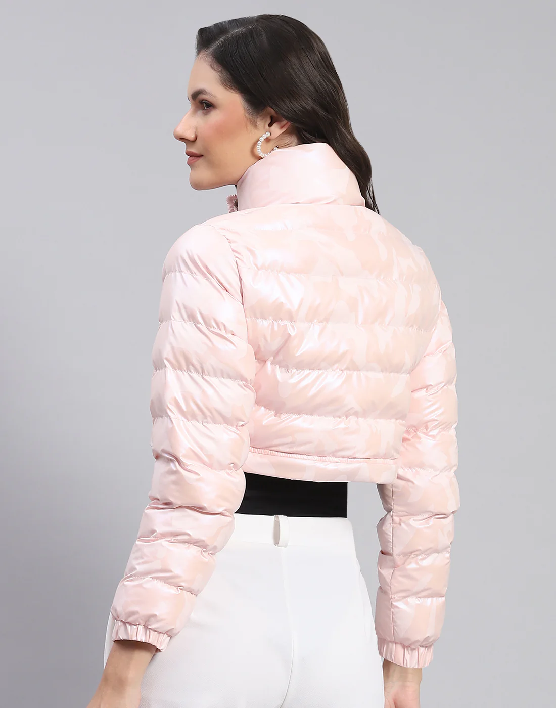Women Pink Solid Stand Collar Full Sleeve Jacket - Image 9
