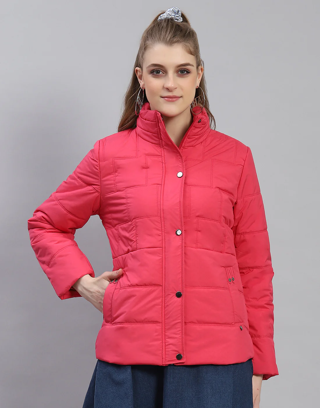 Women Pink Solid Stand Collar Full Sleeve Jacket - Image 3