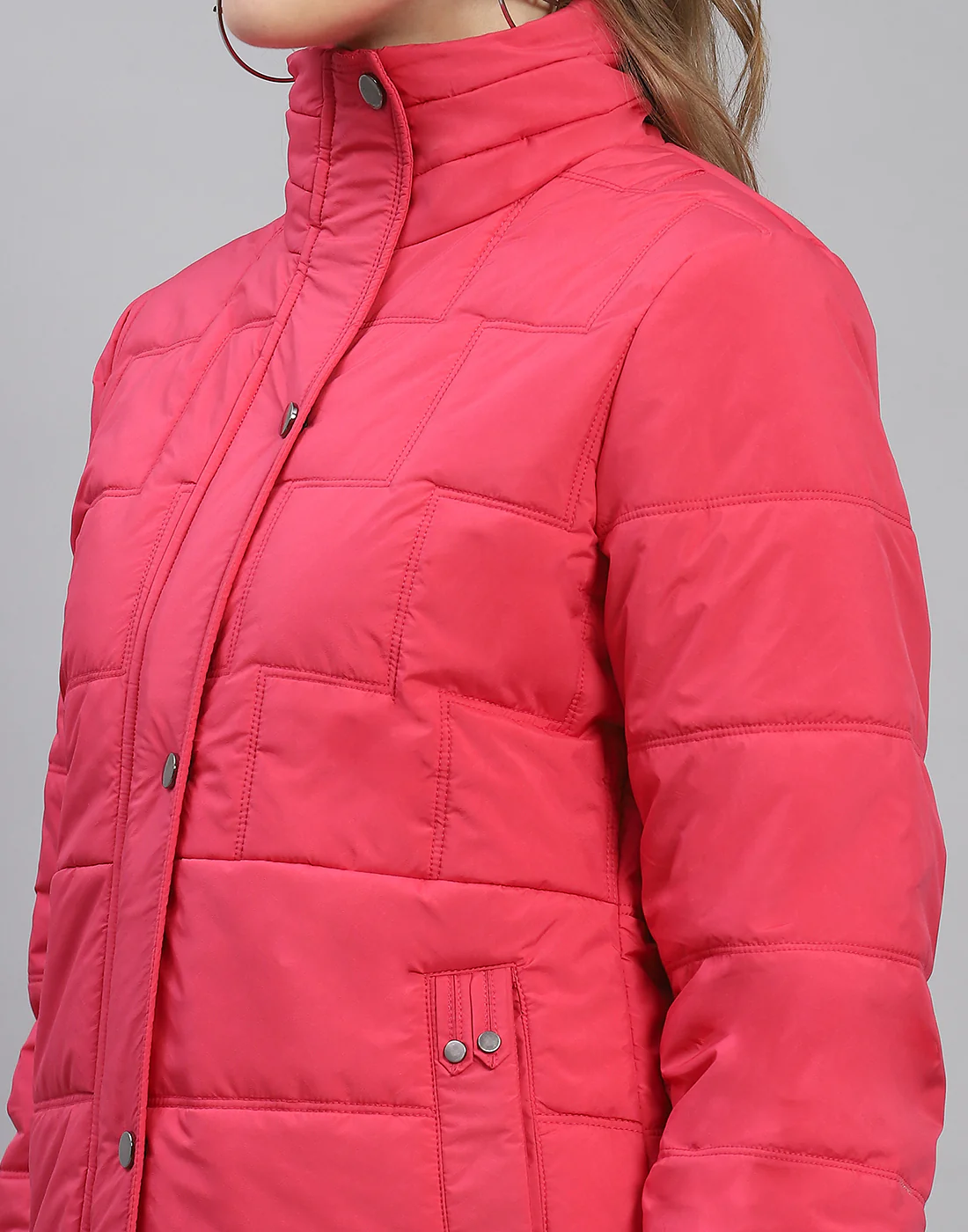 Women Pink Solid Stand Collar Full Sleeve Jacket - Image 6