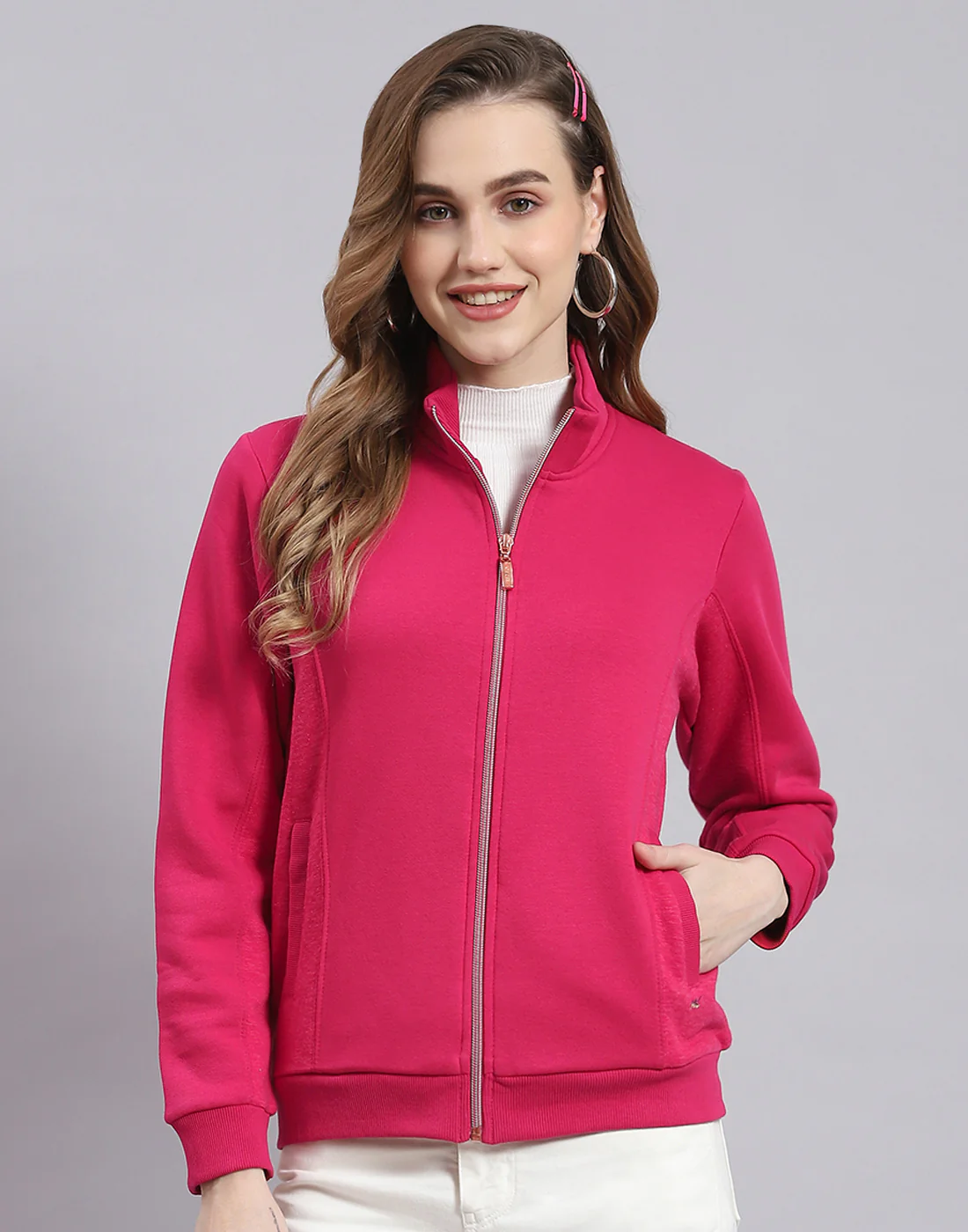 Women Pink Solid Stand Collar Full Sleeve Sweatshirt - Image 2