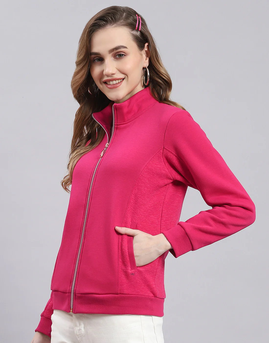 Women Pink Solid Stand Collar Full Sleeve Sweatshirt - Image 3