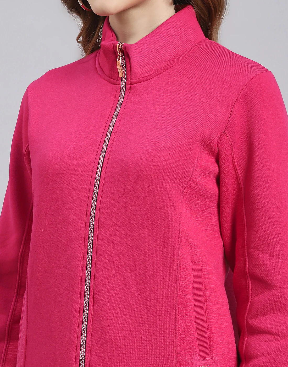 Women Pink Solid Stand Collar Full Sleeve Sweatshirt - Image 6