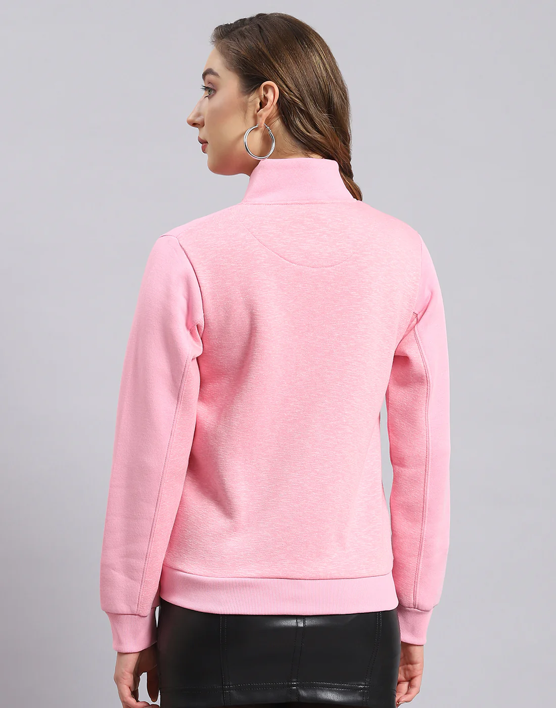 Women Pink Solid Stand Collar Full Sleeve Sweatshirt - Image 5