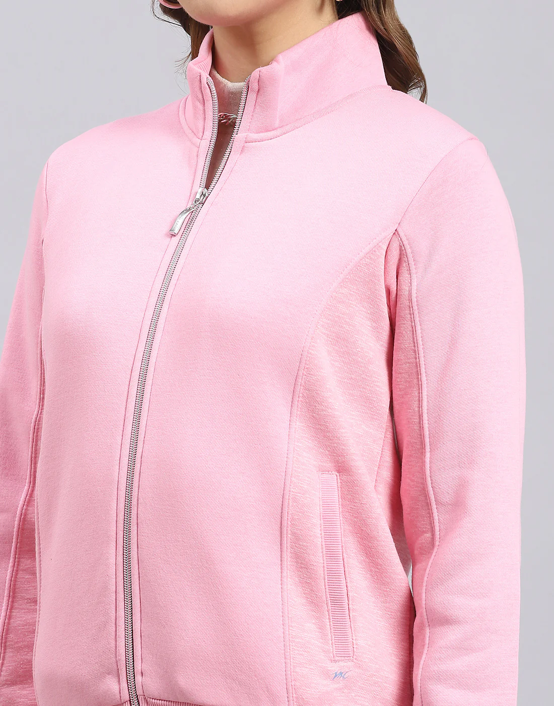 Women Pink Solid Stand Collar Full Sleeve Sweatshirt - Image 6