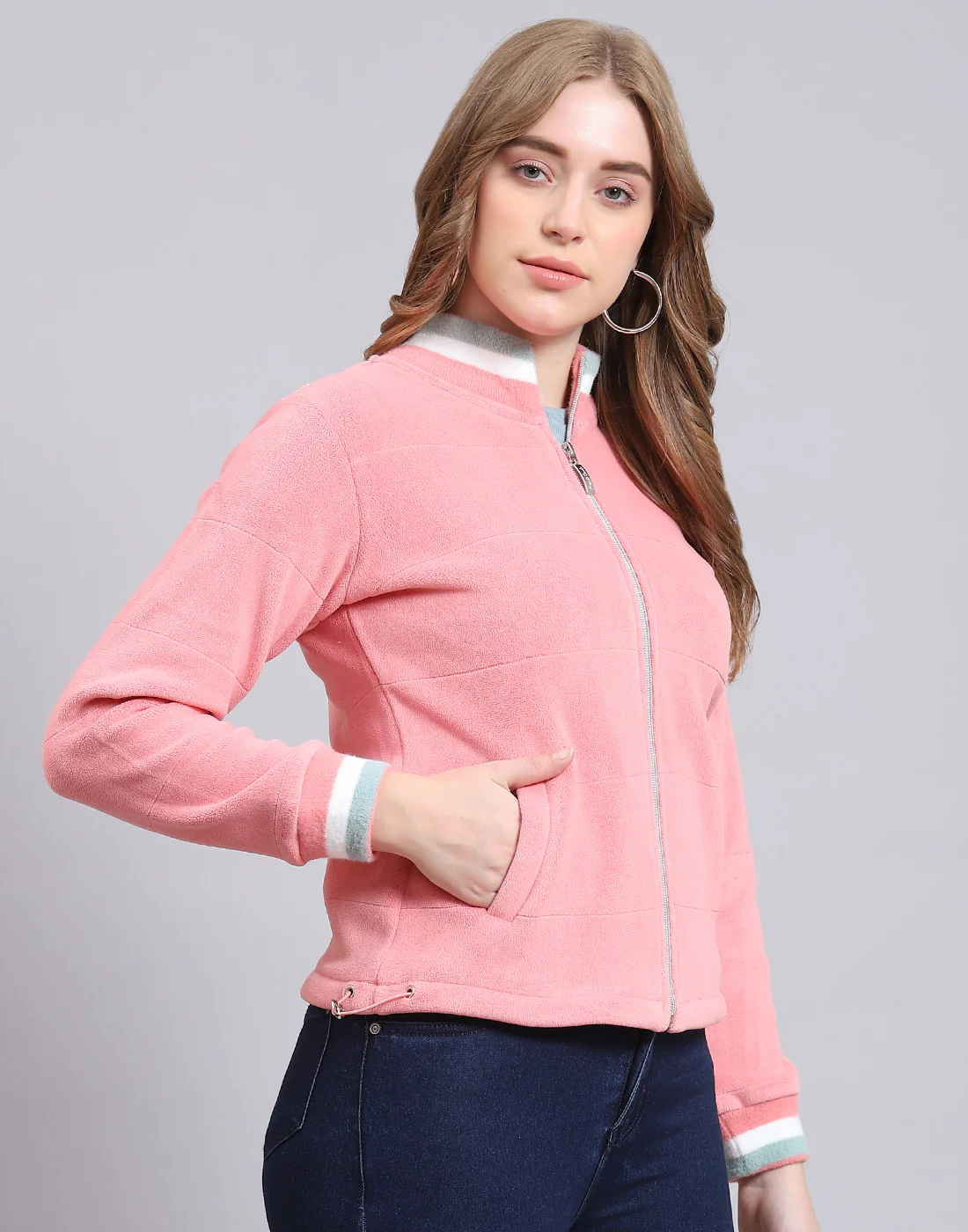 Women Pink Solid Stand Collar Full Sleeve Sweatshirt - Image 4