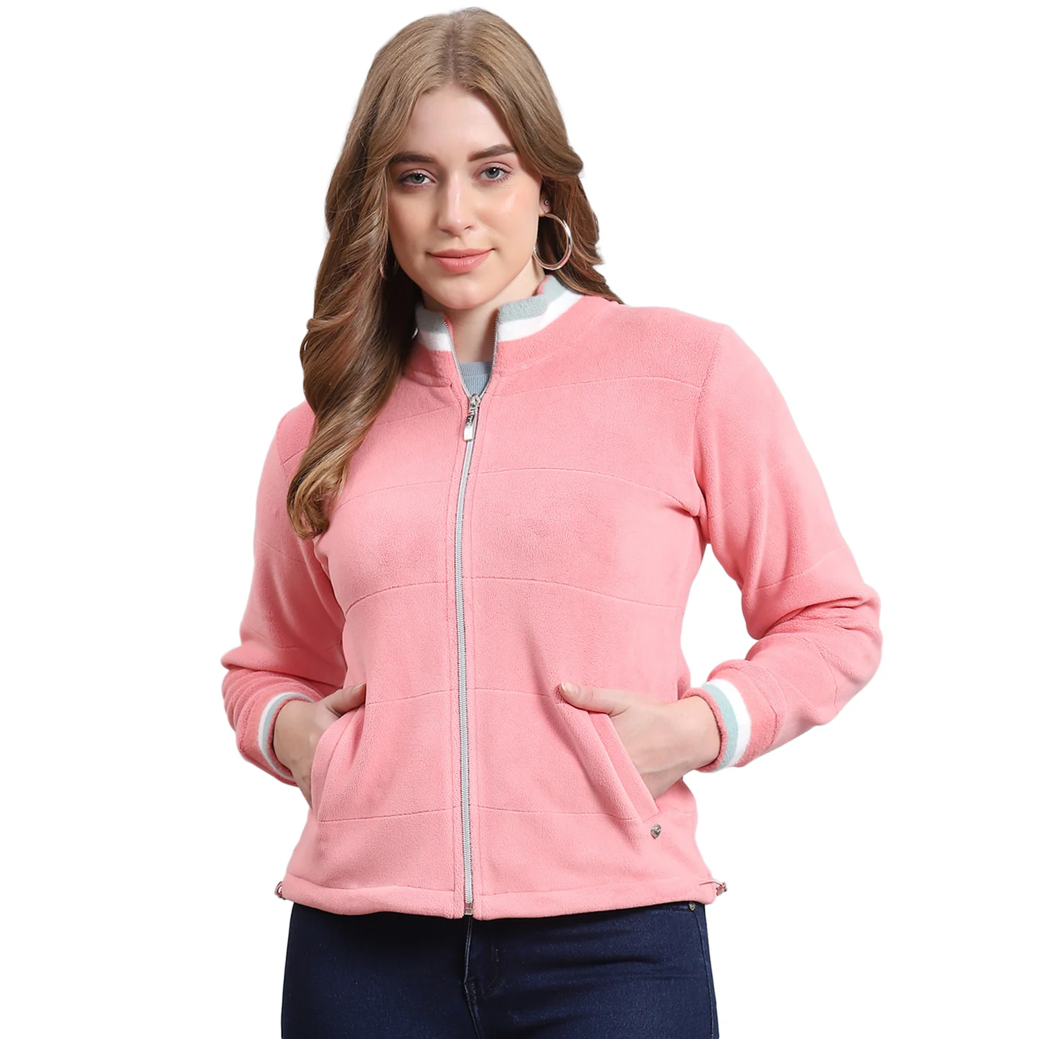 Women Pink Solid Stand Collar Full Sleeve Sweatshirt - Image 5
