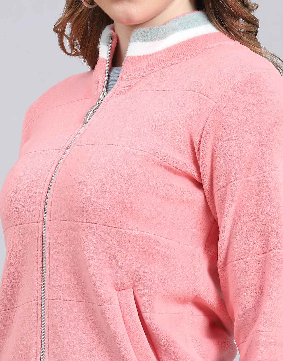 Women Pink Solid Stand Collar Full Sleeve Sweatshirt - Image 7