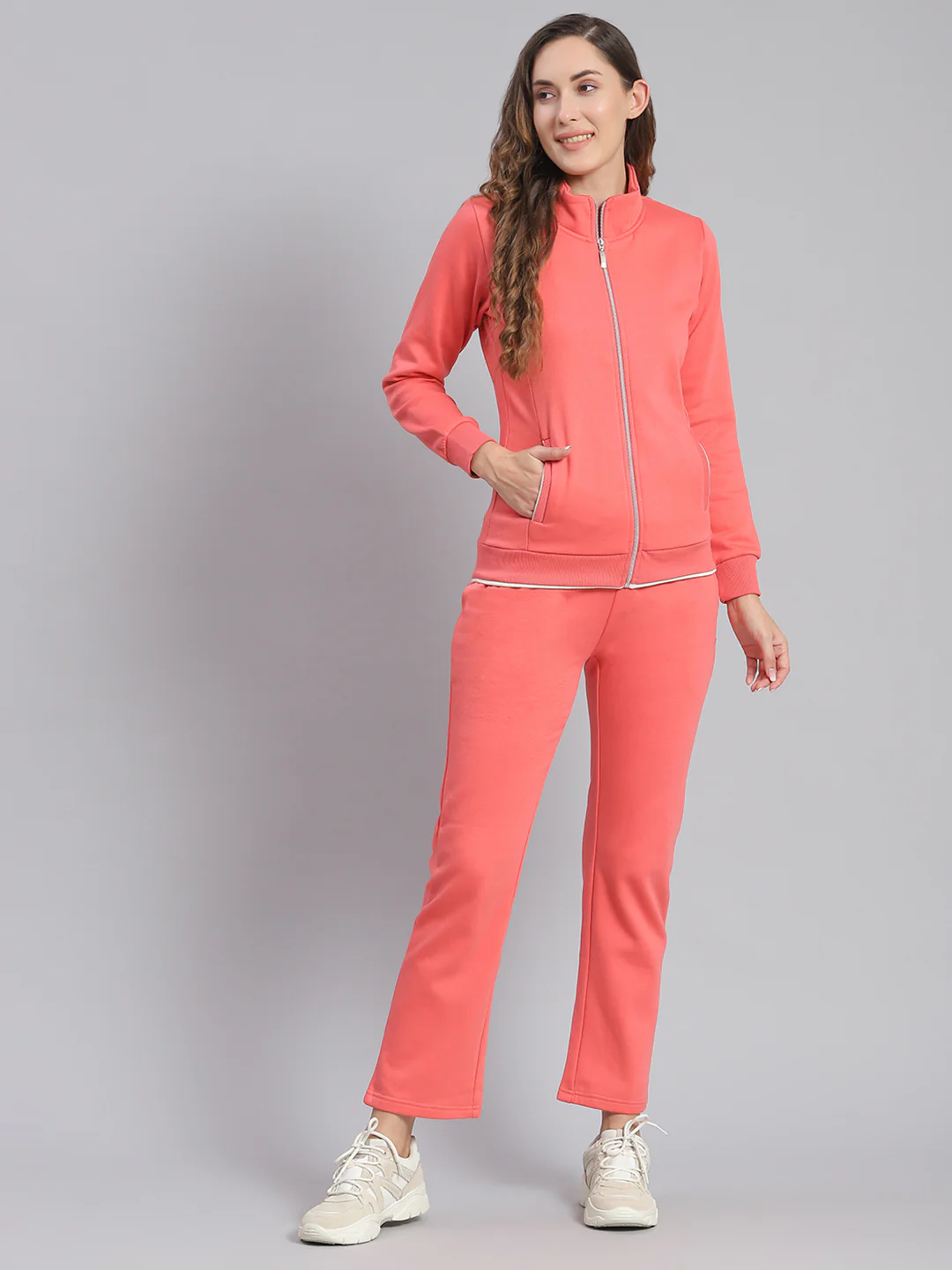 Women Pink Solid Stand Collar Full Sleeve Tracksuits - Image 2