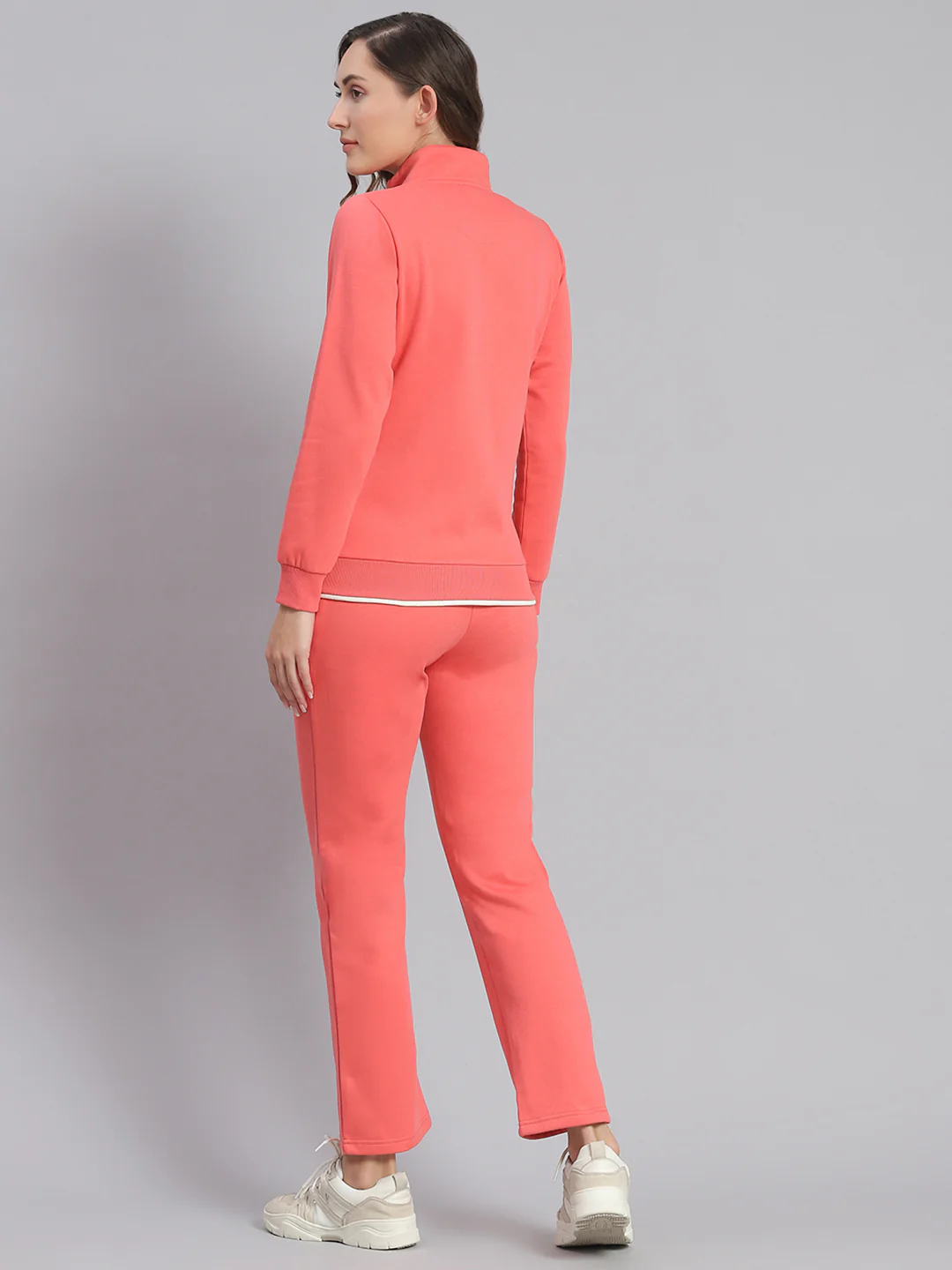Women Pink Solid Stand Collar Full Sleeve Tracksuits - Image 5