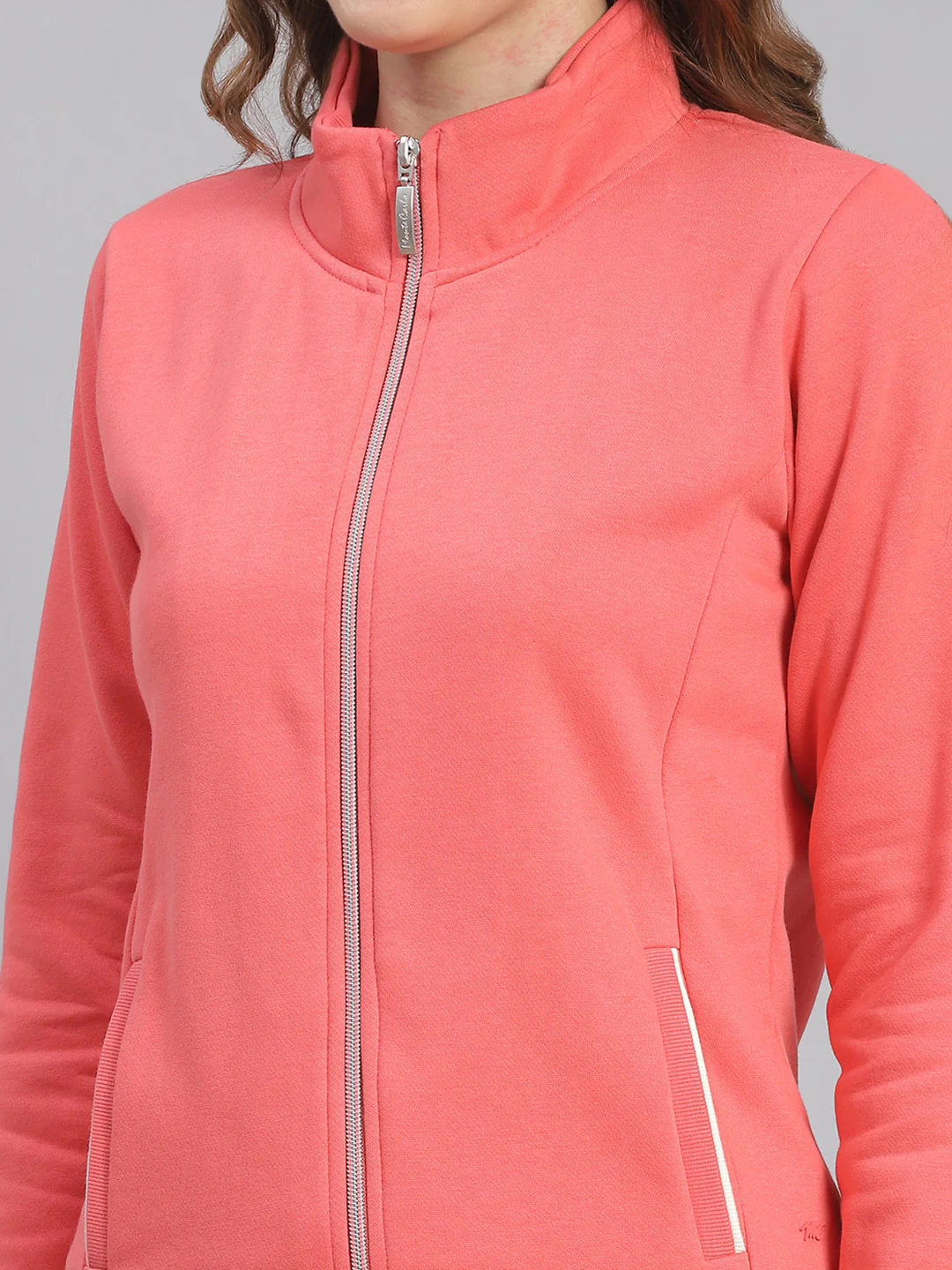 Women Pink Solid Stand Collar Full Sleeve Tracksuits - Image 6