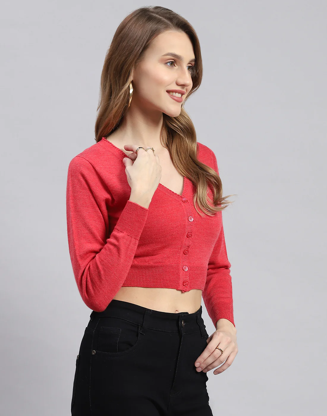 Women Pink Solid V Neck Full Sleeve Blouse - Image 3